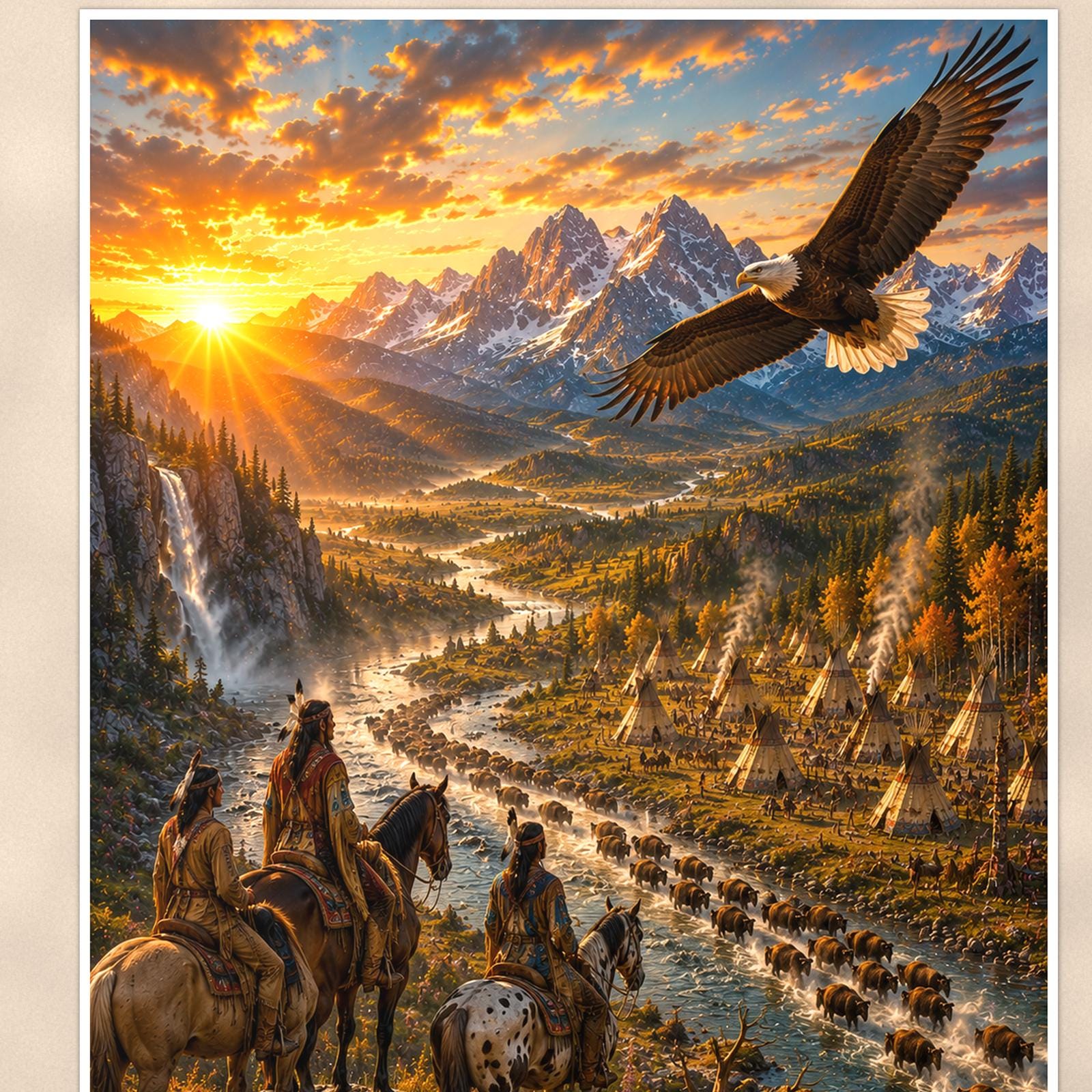 Canyon Riders Eagle — 24x36 in art print poster, premium luster paper with a white border; close-up framed on the main subject of the artwork, paper surface visible.