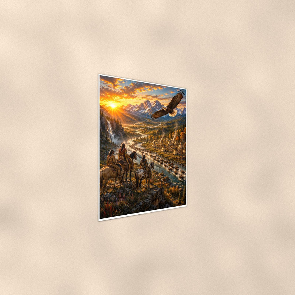 Canyon Riders Eagle — 24x36 in art print poster, premium luster paper with a white border; steeper three-quarter angle on a warm wall, catching the luster sheen.