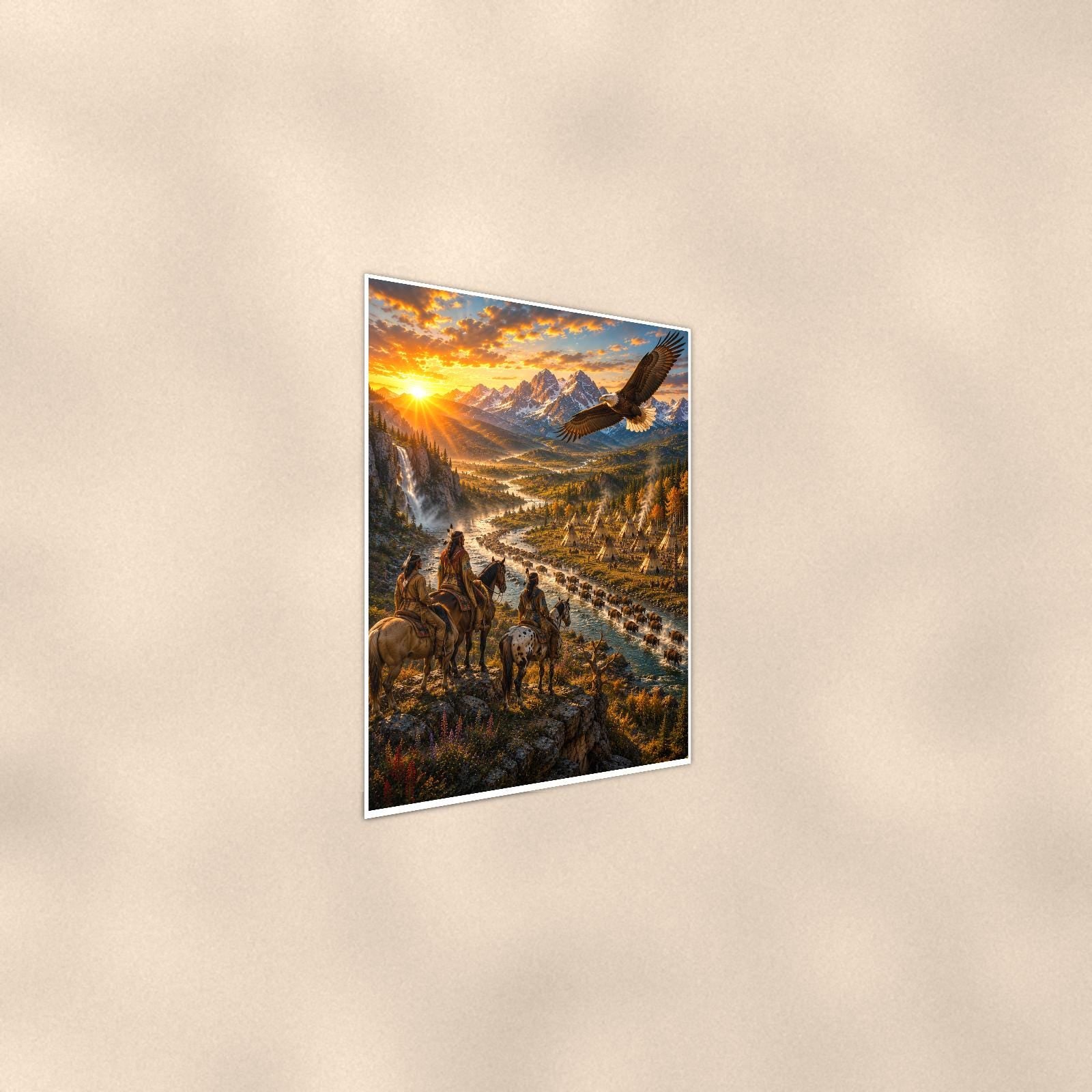 Canyon Riders Eagle — 24x36 in art print poster, premium luster paper with a white border; steeper three-quarter angle on a warm wall, catching the luster sheen.