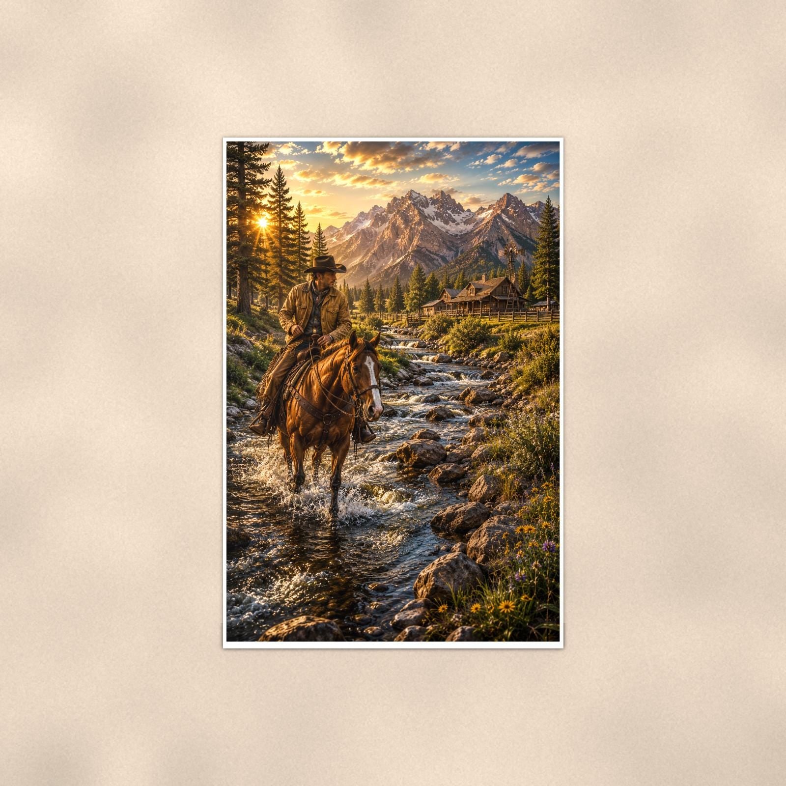 Mountain Rider Stream — 24x36 in art print poster, premium luster paper with a white border; poster shown straight on against a warm wall.