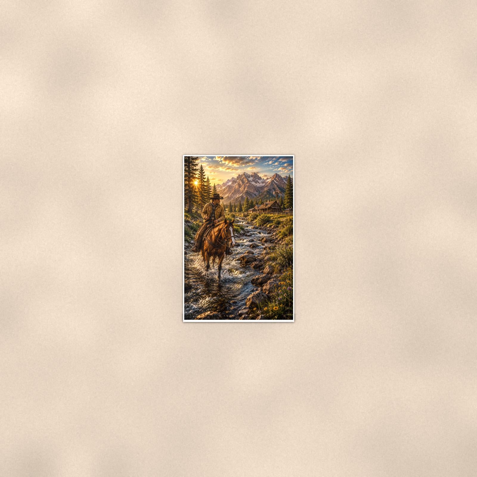 Mountain Rider Stream — 24x36 in art print poster, premium luster paper with a white border; poster seen from further back, at true 24x36 in scale on a warm wall.