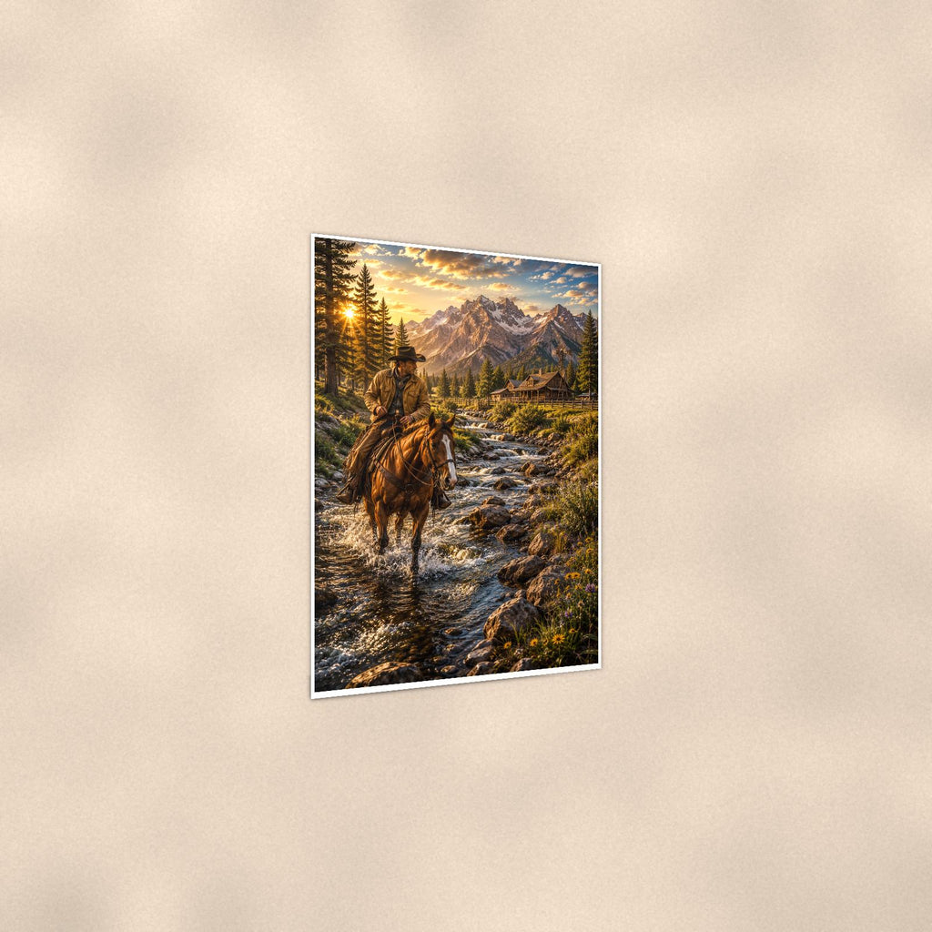 Mountain Rider Stream — 24x36 in art print poster, premium luster paper with a white border; gentle three-quarter angle on a warm wall, showing the flat paper edge.