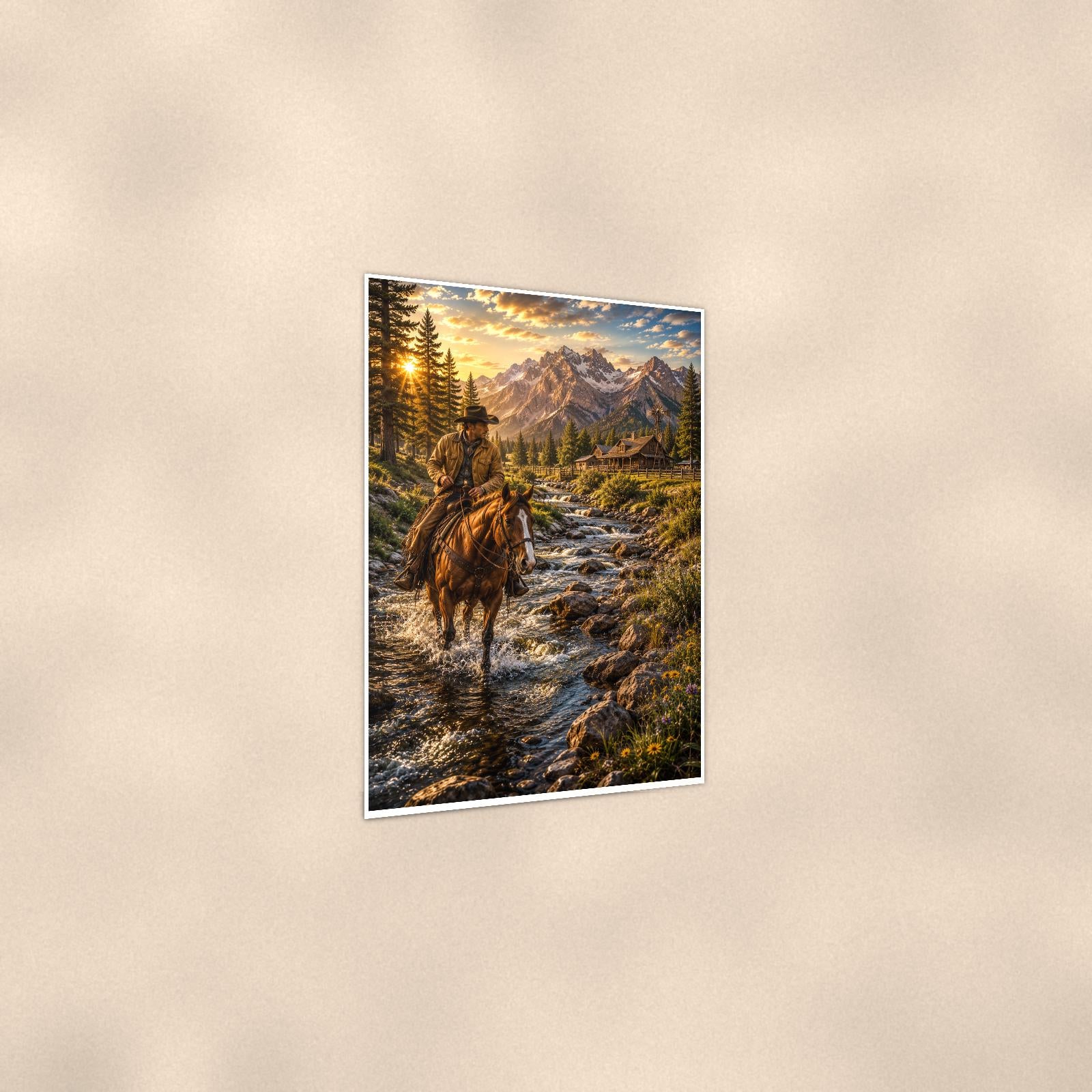 Mountain Rider Stream — 24x36 in art print poster, premium luster paper with a white border; gentle three-quarter angle on a warm wall, showing the flat paper edge.