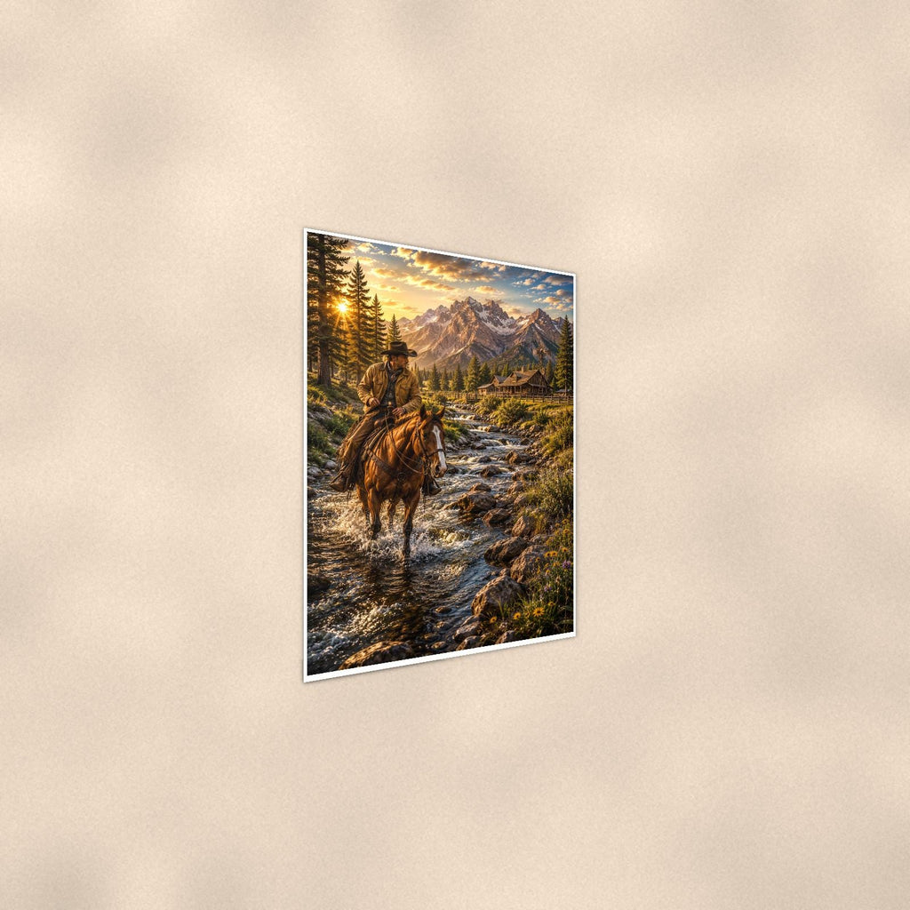 Mountain Rider Stream — 24x36 in art print poster, premium luster paper with a white border; steeper three-quarter angle on a warm wall, catching the luster sheen.