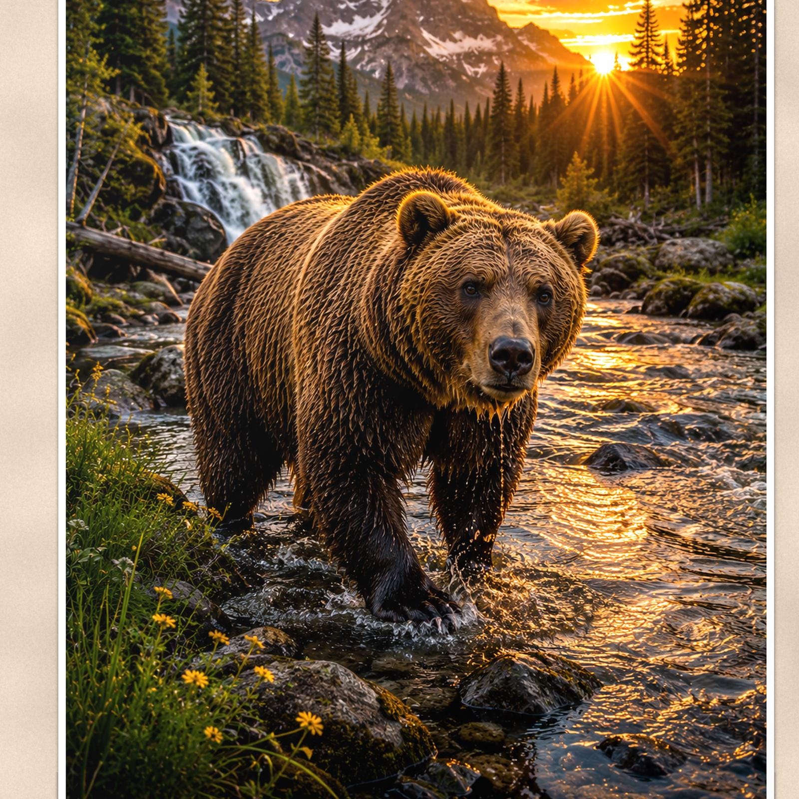 Grizzly Creek Sunrise — 24x36 in art print poster, premium luster paper with a white border; close-up framed on the main subject of the artwork, paper surface visible.