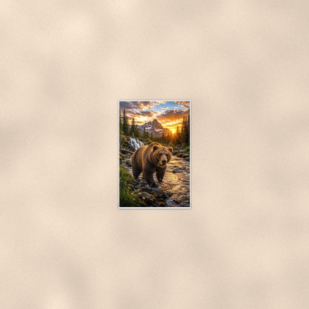 Grizzly Creek Sunrise — 24x36 in art print poster, premium luster paper with a white border; poster seen from further back, at true 24x36 in scale on a warm wall.
