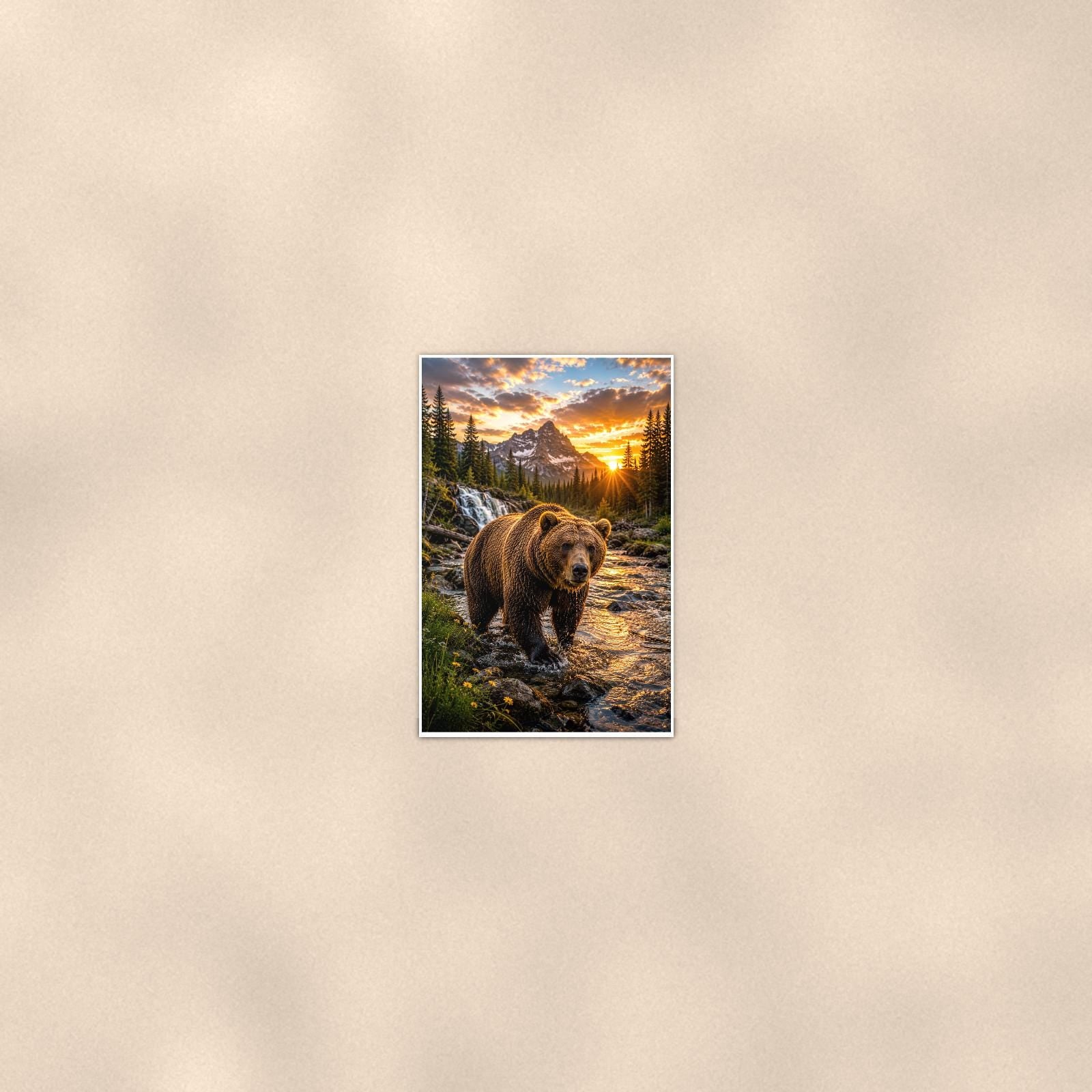 Grizzly Creek Sunrise — 24x36 in art print poster, premium luster paper with a white border; poster seen from further back, at true 24x36 in scale on a warm wall.