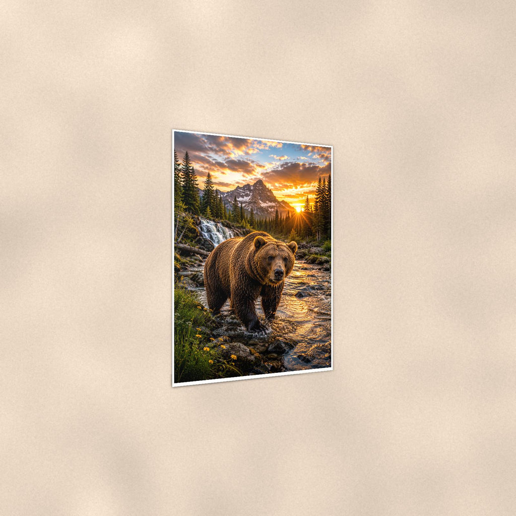 Grizzly Creek Sunrise — 24x36 in art print poster, premium luster paper with a white border; gentle three-quarter angle on a warm wall, showing the flat paper edge.