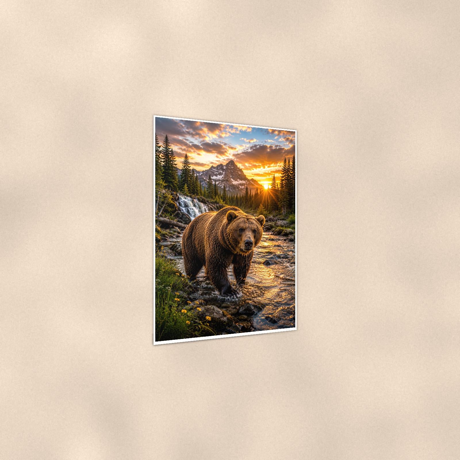 Grizzly Creek Sunrise — 24x36 in art print poster, premium luster paper with a white border; gentle three-quarter angle on a warm wall, showing the flat paper edge.