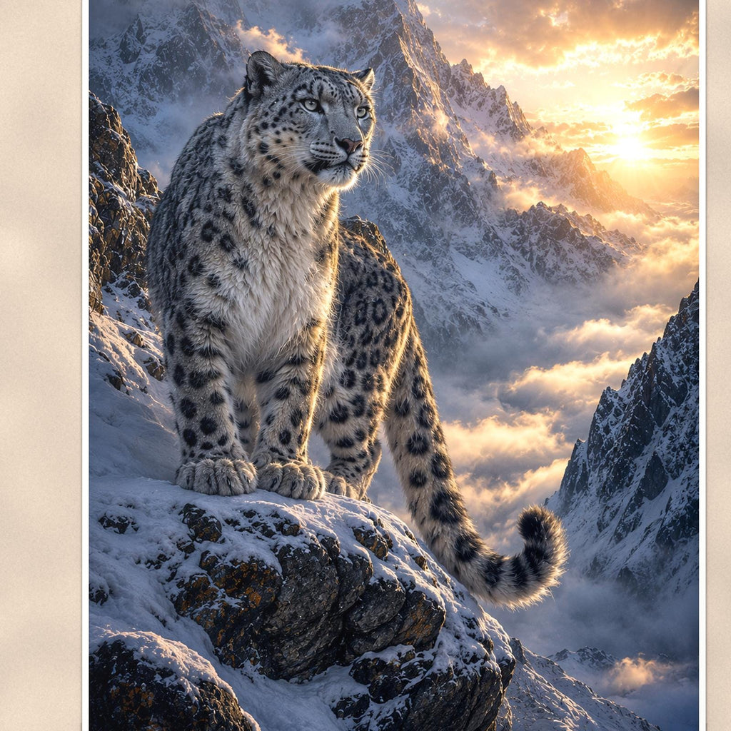 Snow Leopard Peaks — 24x36 in art print poster, premium luster paper with a white border; close-up framed on the main subject of the artwork, paper surface visible.