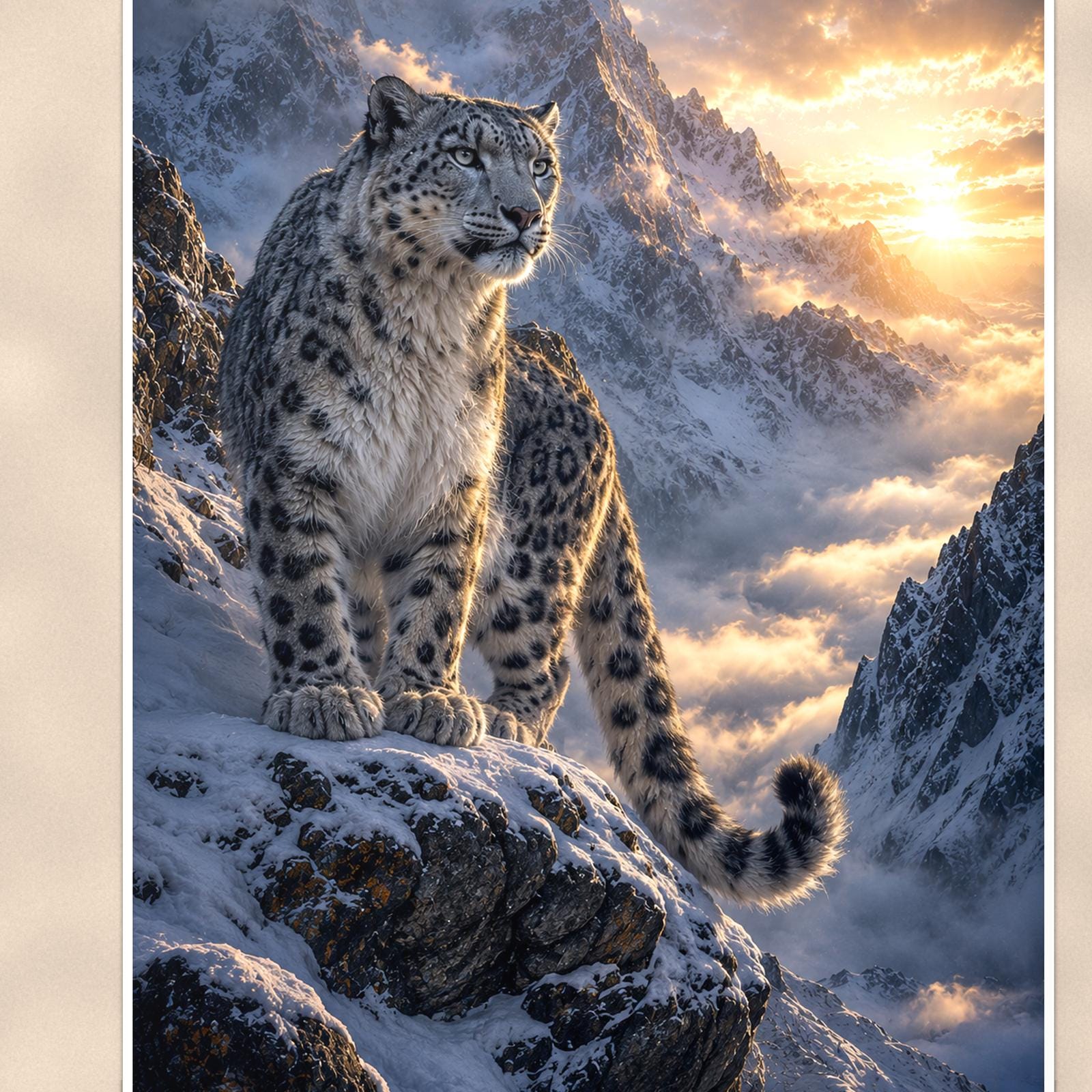 Snow Leopard Peaks — 24x36 in art print poster, premium luster paper with a white border; close-up framed on the main subject of the artwork, paper surface visible.