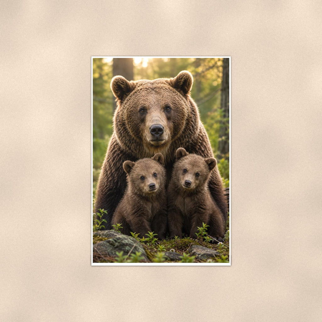 Mama Bear and Cubs — 24x36 in art print poster, premium luster paper with a white border; poster shown straight on against a warm wall.