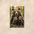 Mama Bear and Cubs — 24x36 in art print poster, premium luster paper with a white border; poster shown straight on against a warm wall.