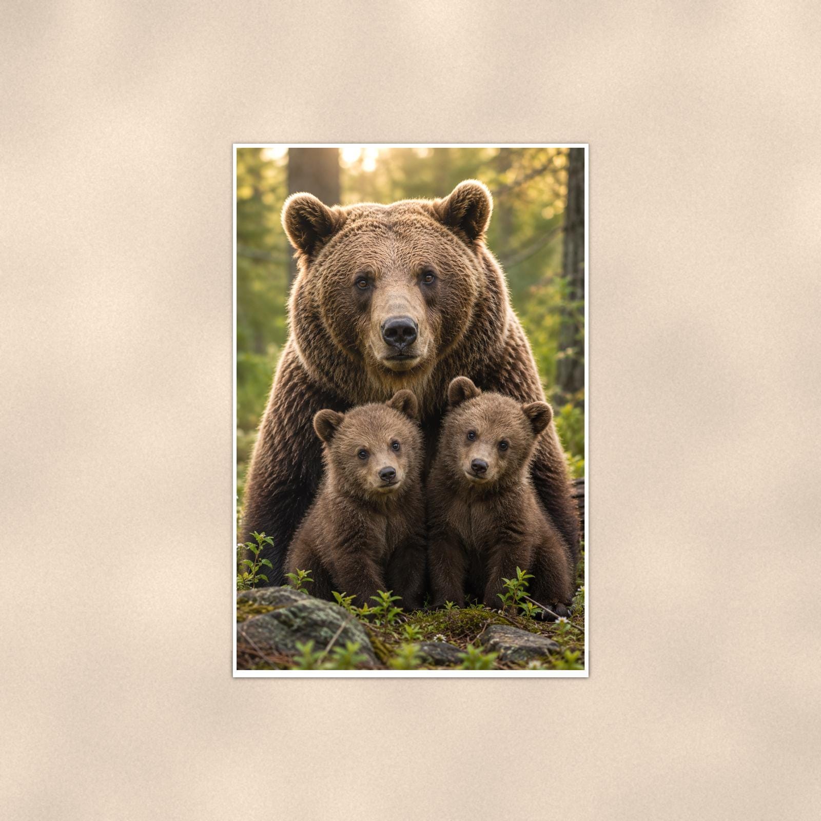 Mama Bear and Cubs — 24x36 in art print poster, premium luster paper with a white border; poster shown straight on against a warm wall.