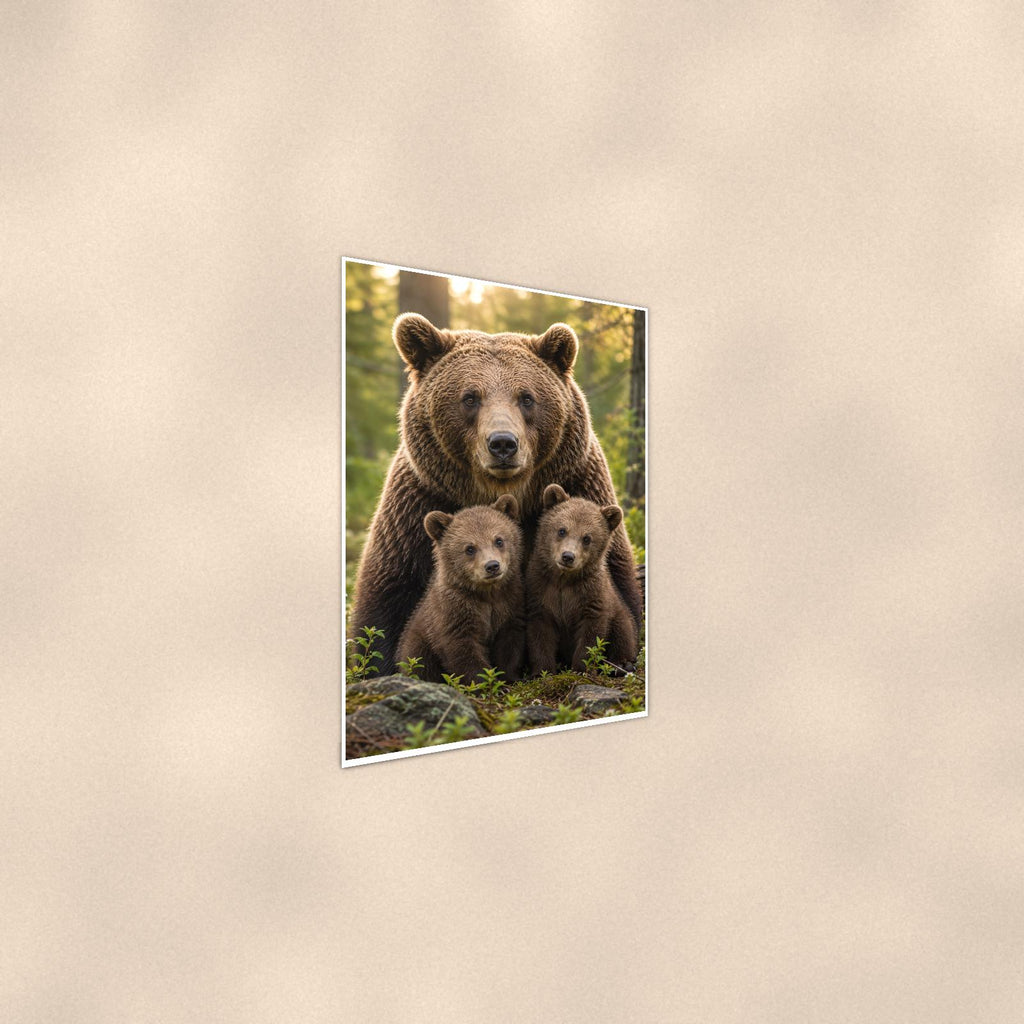Mama Bear and Cubs — 24x36 in art print poster, premium luster paper with a white border; steeper three-quarter angle on a warm wall, catching the luster sheen.