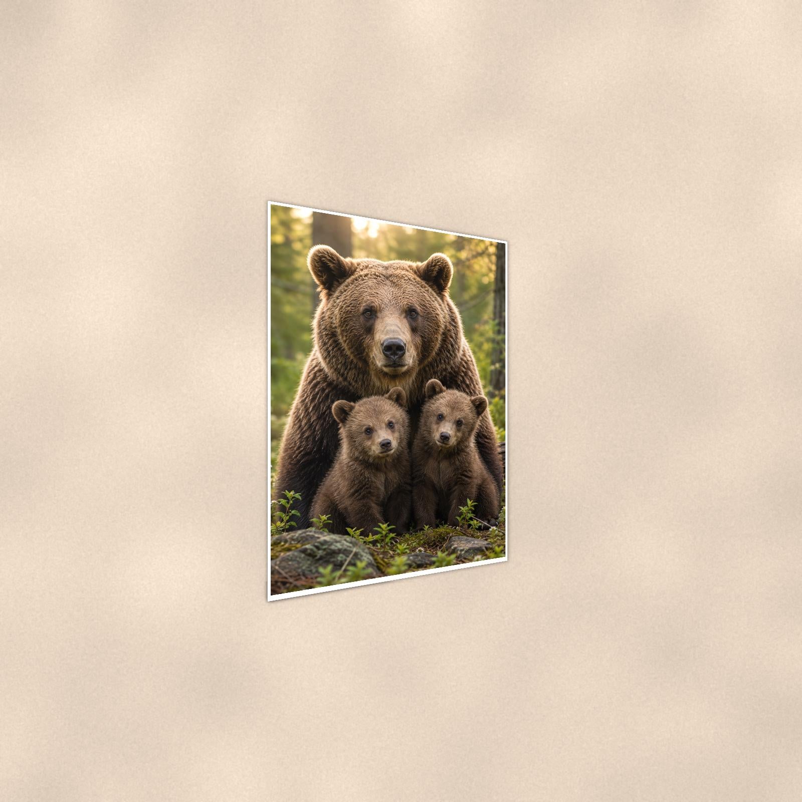 Mama Bear and Cubs — 24x36 in art print poster, premium luster paper with a white border; steeper three-quarter angle on a warm wall, catching the luster sheen.
