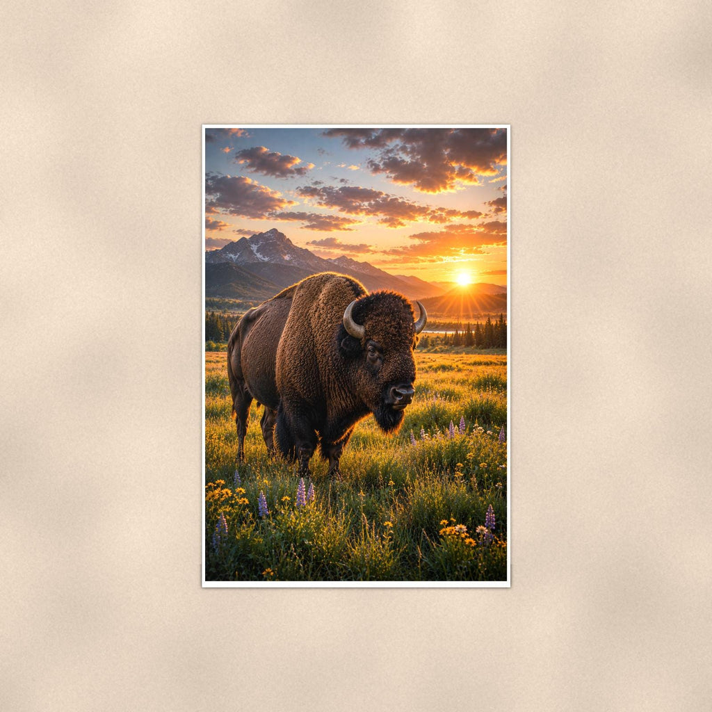 Prairie Bison Sunset — 24x36 in art print poster, premium luster paper with a white border; poster shown straight on against a warm wall.