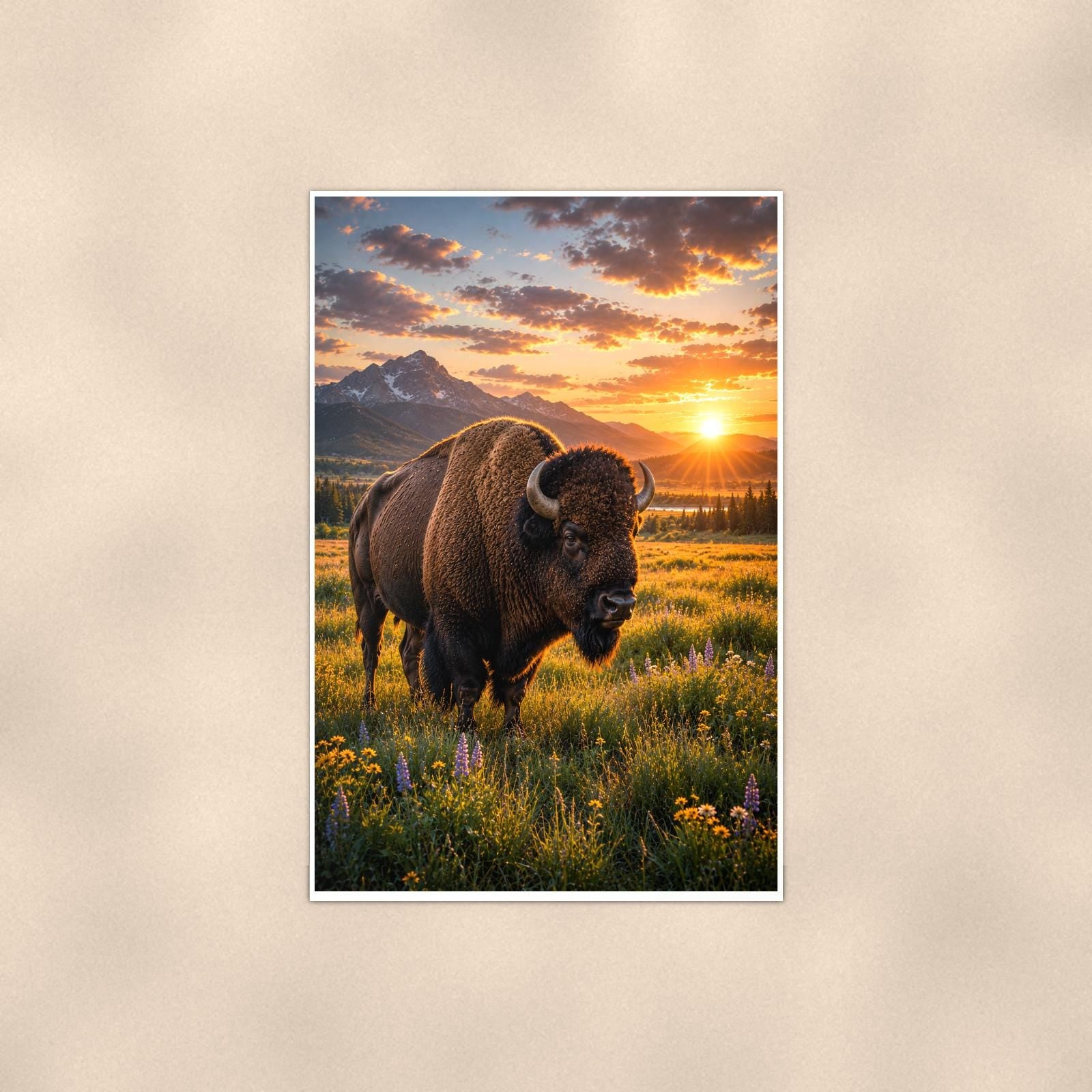 Prairie Bison Sunset — 24x36 in art print poster, premium luster paper with a white border; poster shown straight on against a warm wall.