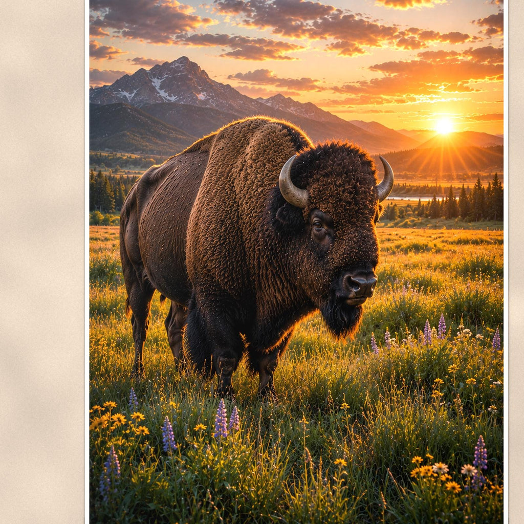 Prairie Bison Sunset — 24x36 in art print poster, premium luster paper with a white border; close-up framed on the main subject of the artwork, paper surface visible.