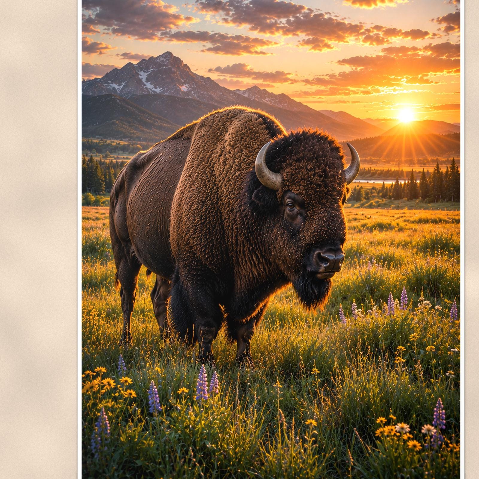 Prairie Bison Sunset — 24x36 in art print poster, premium luster paper with a white border; close-up framed on the main subject of the artwork, paper surface visible.