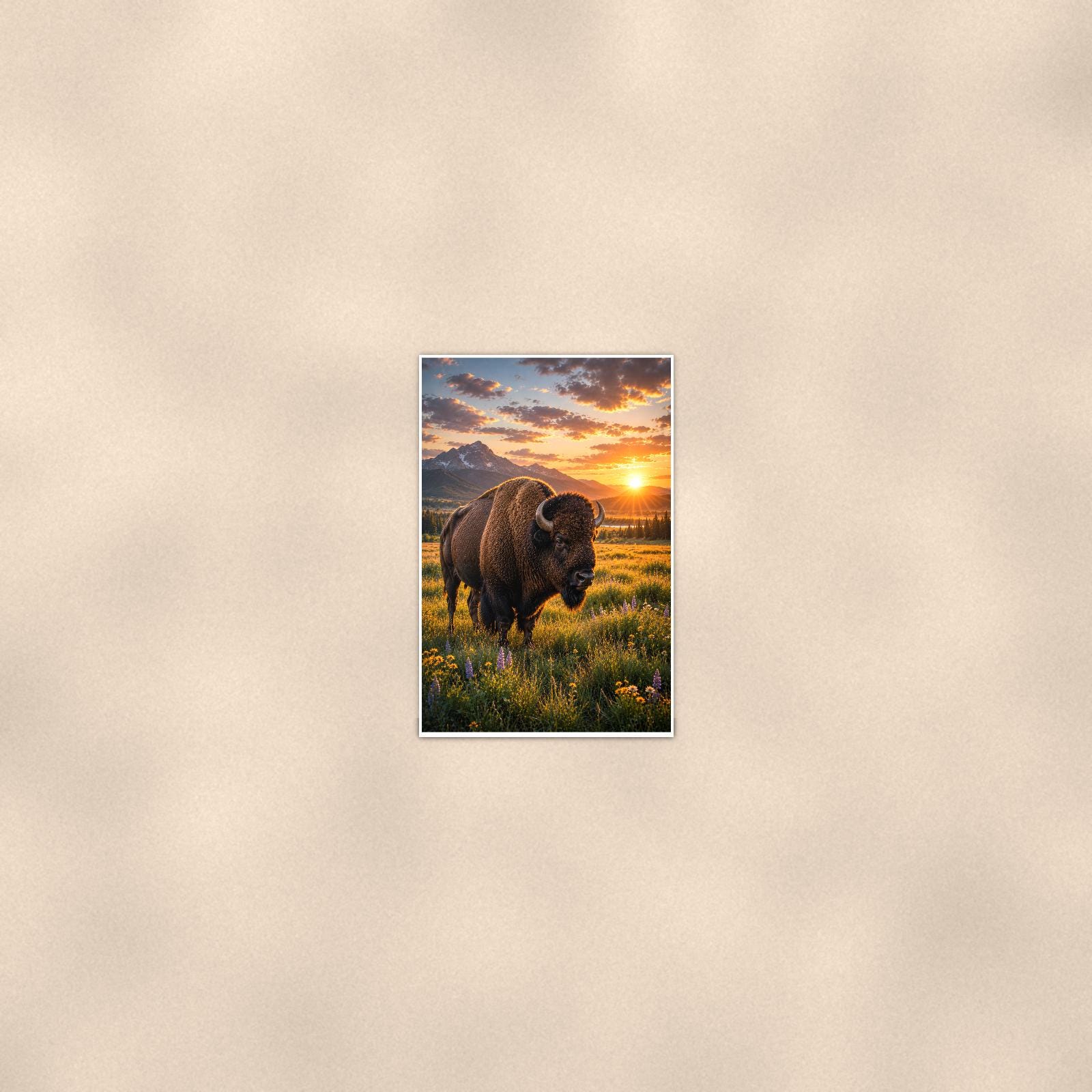 Prairie Bison Sunset — 24x36 in art print poster, premium luster paper with a white border; poster seen from further back, at true 24x36 in scale on a warm wall.
