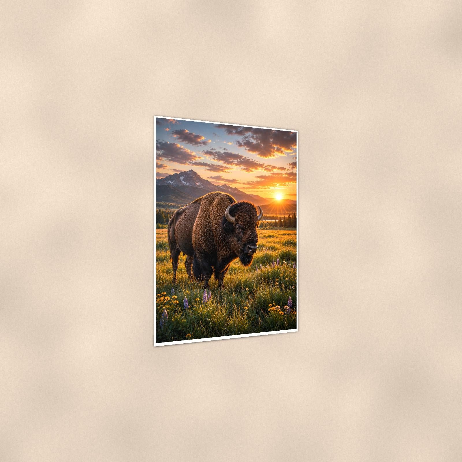 Prairie Bison Sunset — 24x36 in art print poster, premium luster paper with a white border; gentle three-quarter angle on a warm wall, showing the flat paper edge.