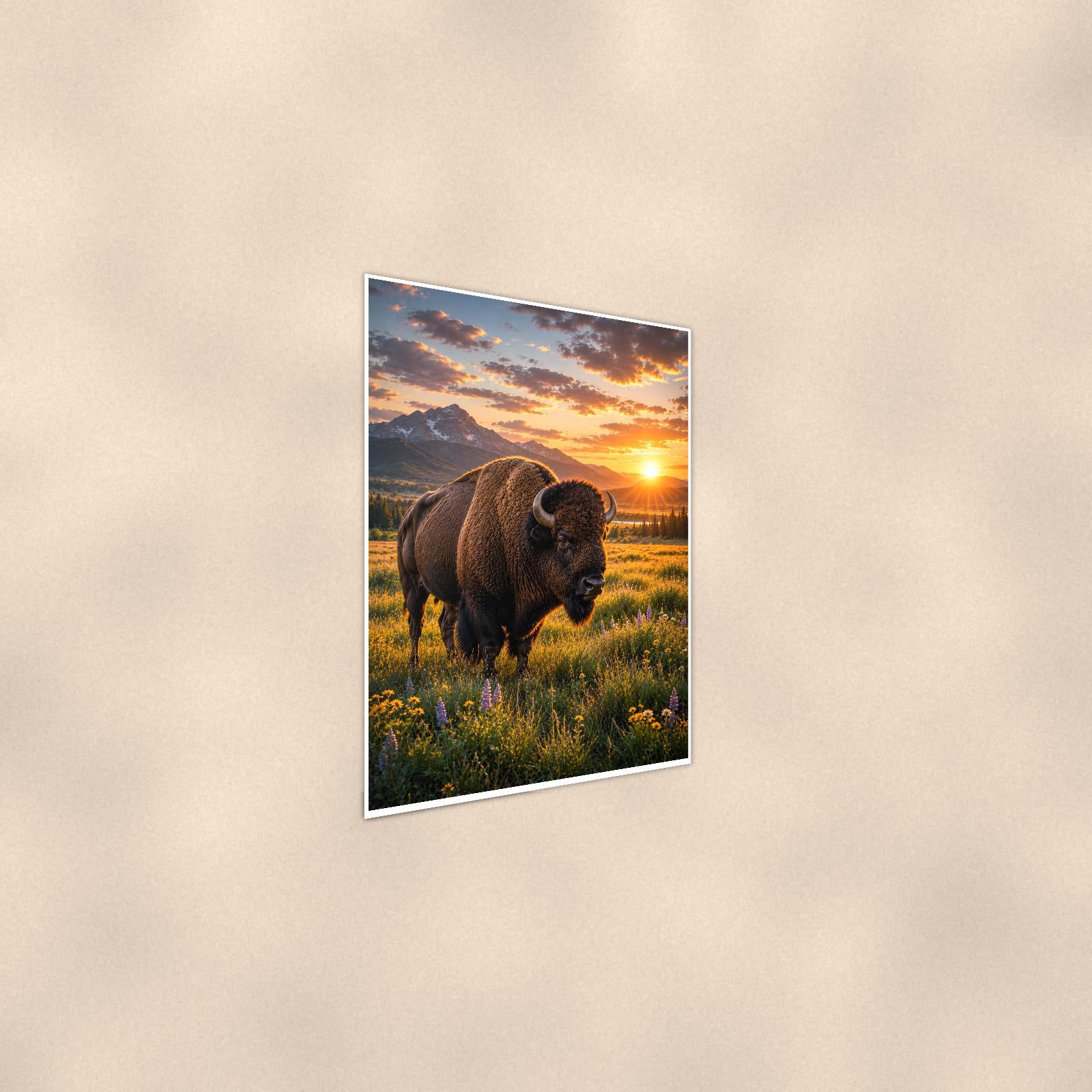 Prairie Bison Sunset — 24x36 in art print poster, premium luster paper with a white border; steeper three-quarter angle on a warm wall, catching the luster sheen.