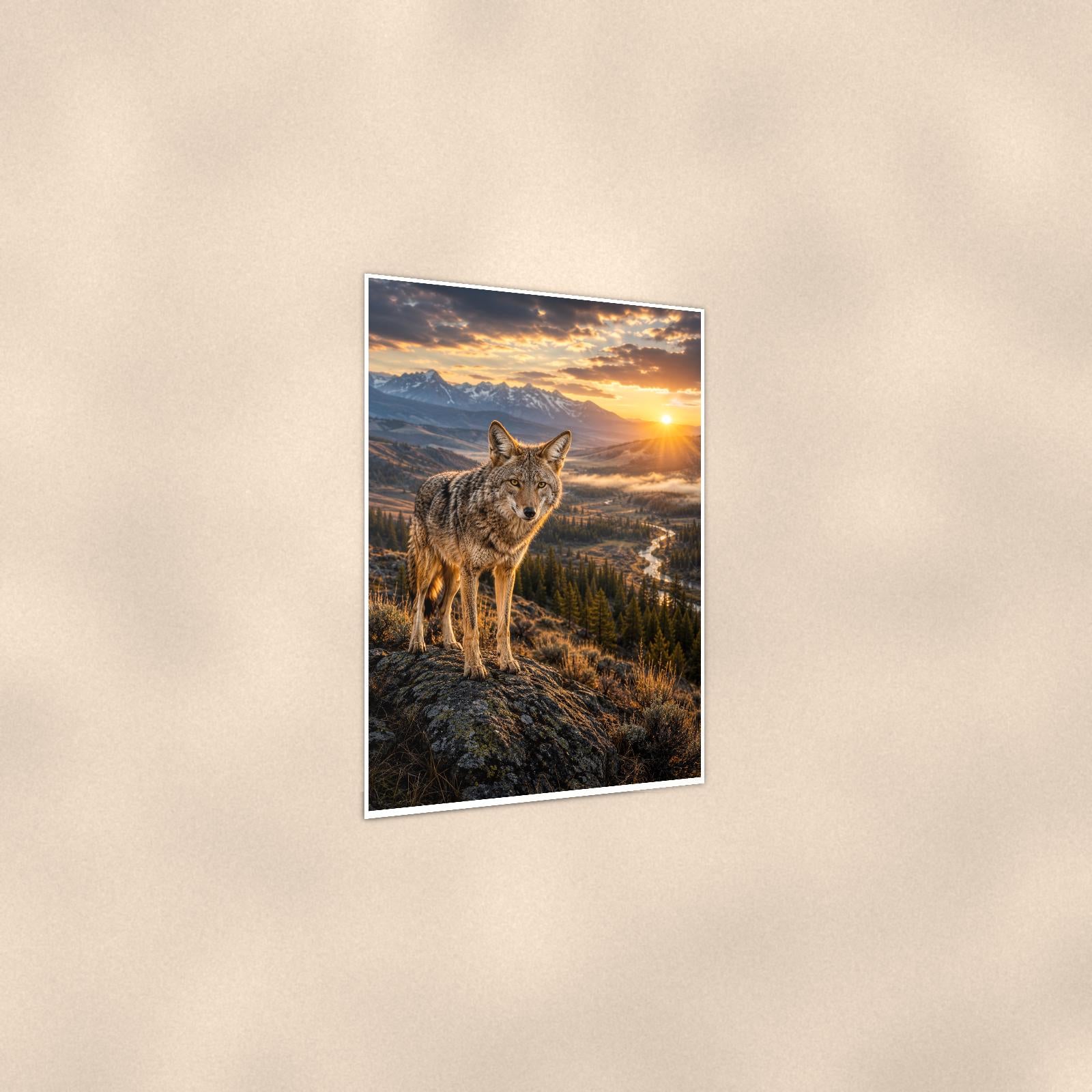Coyote Ridge Sunset — 24x36 in art print poster, premium luster paper with a white border; gentle three-quarter angle on a warm wall, showing the flat paper edge.