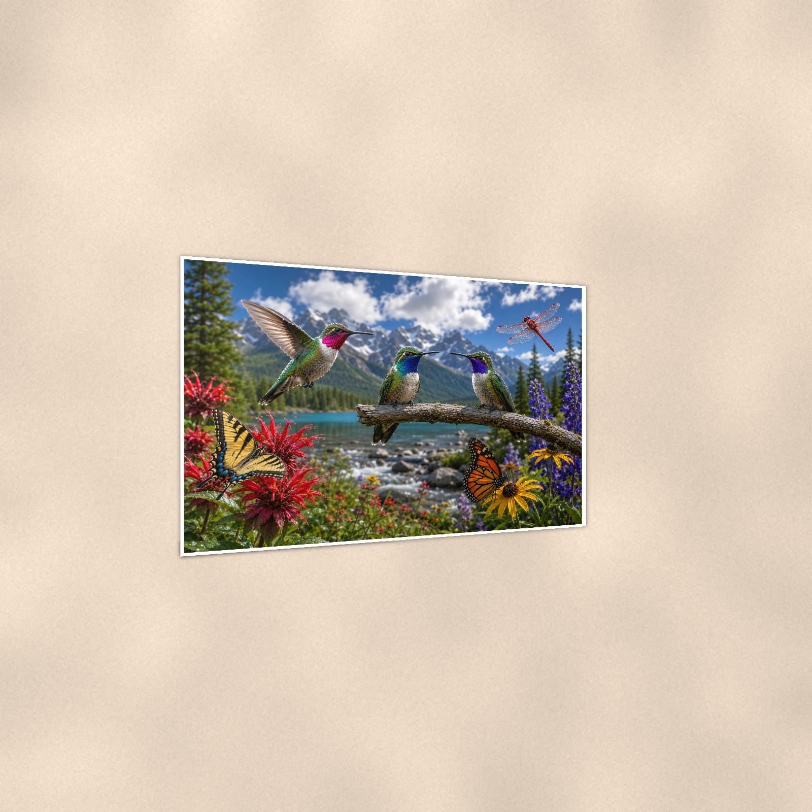 Hummingbird Mountain Meadow — 36x24 in art print poster, premium luster paper with a white border; gentle three-quarter angle on a warm wall, showing the flat paper edge.