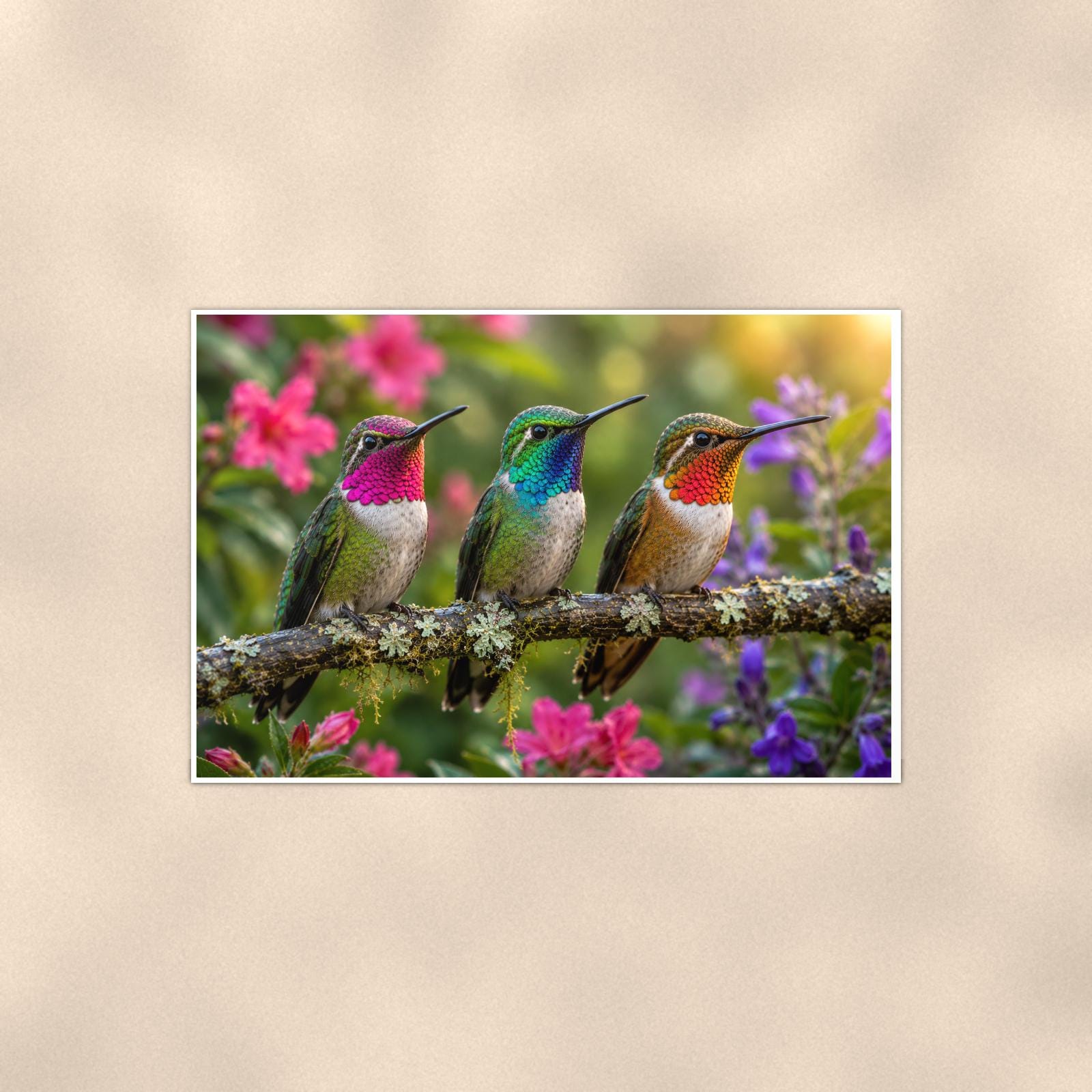Three Hummingbirds — 36x24 in art print poster, premium luster paper with a white border; poster shown straight on against a warm wall.