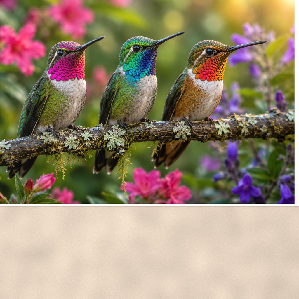 Three Hummingbirds — 36x24 in art print poster, premium luster paper with a white border; close-up framed on the main subject of the artwork, paper surface visible.