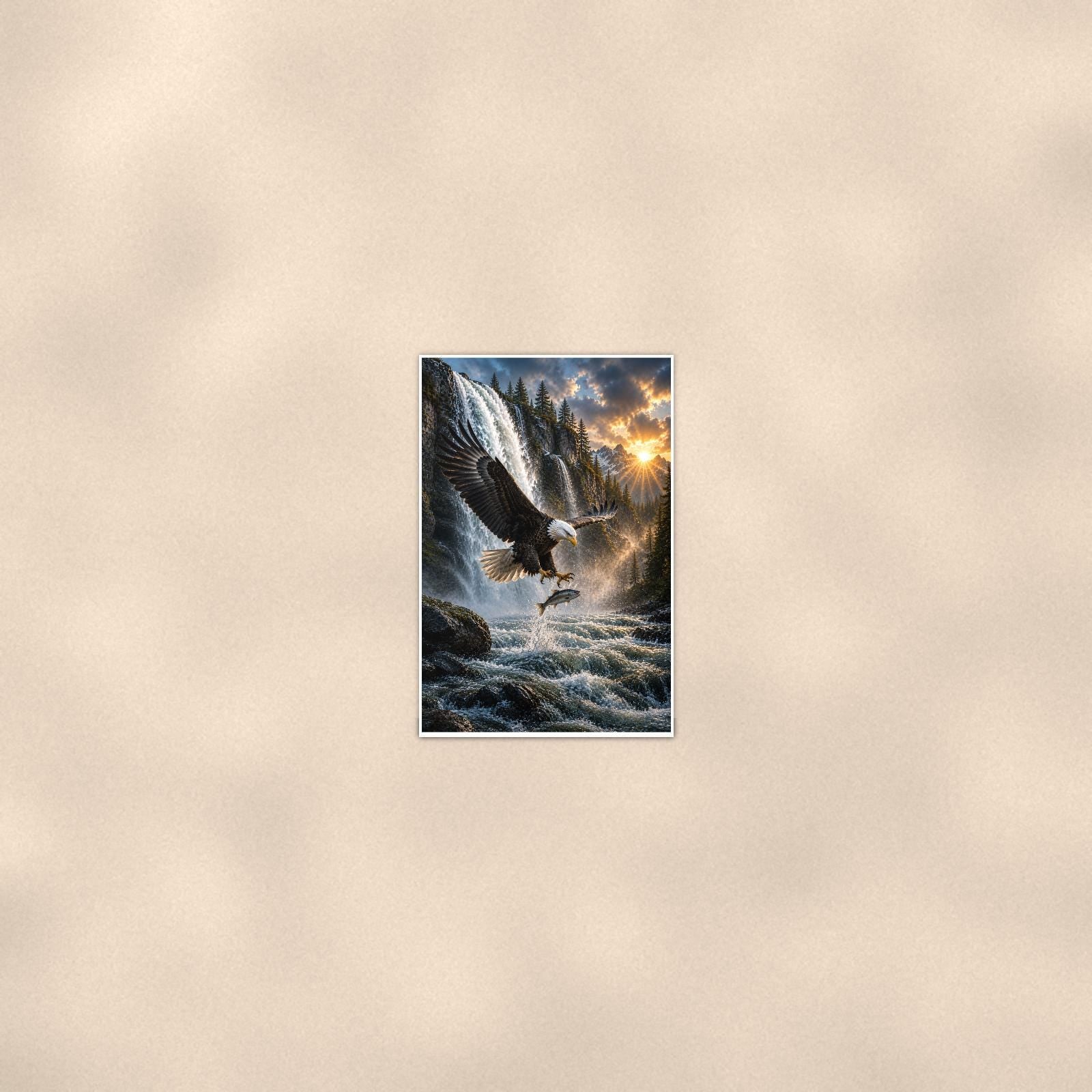 Eagles Catch — 24x36 in art print poster, premium luster paper with a white border; poster seen from further back, at true 24x36 in scale on a warm wall.