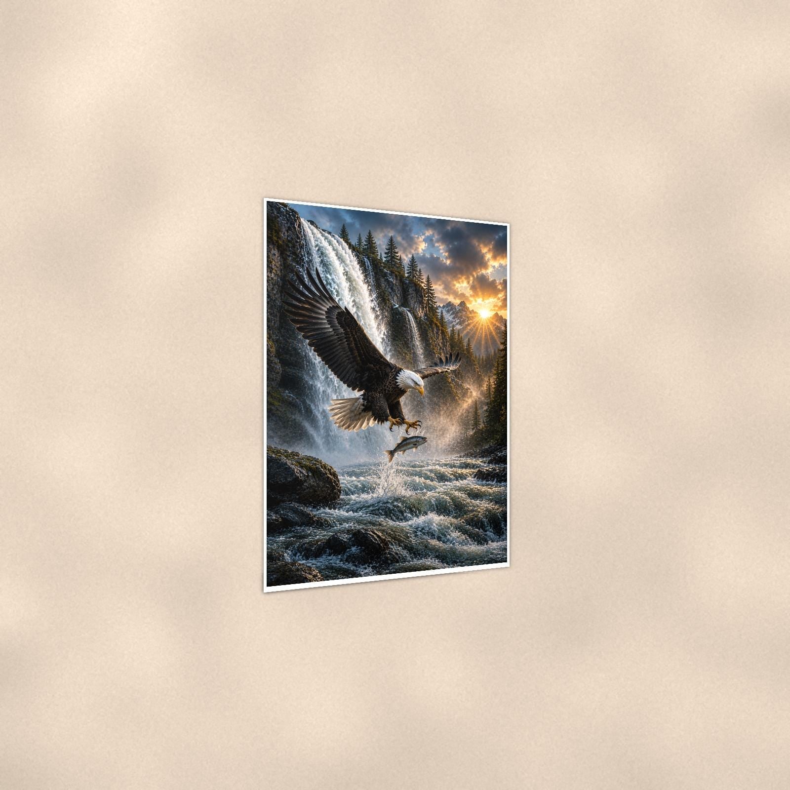 Eagles Catch — 24x36 in art print poster, premium luster paper with a white border; gentle three-quarter angle on a warm wall, showing the flat paper edge.