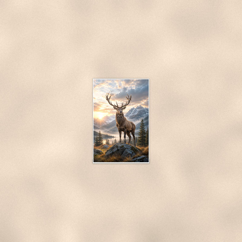 Elk Mountain Morning — 24x36 in art print poster, premium luster paper with a white border; poster seen from further back, at true 24x36 in scale on a warm wall.