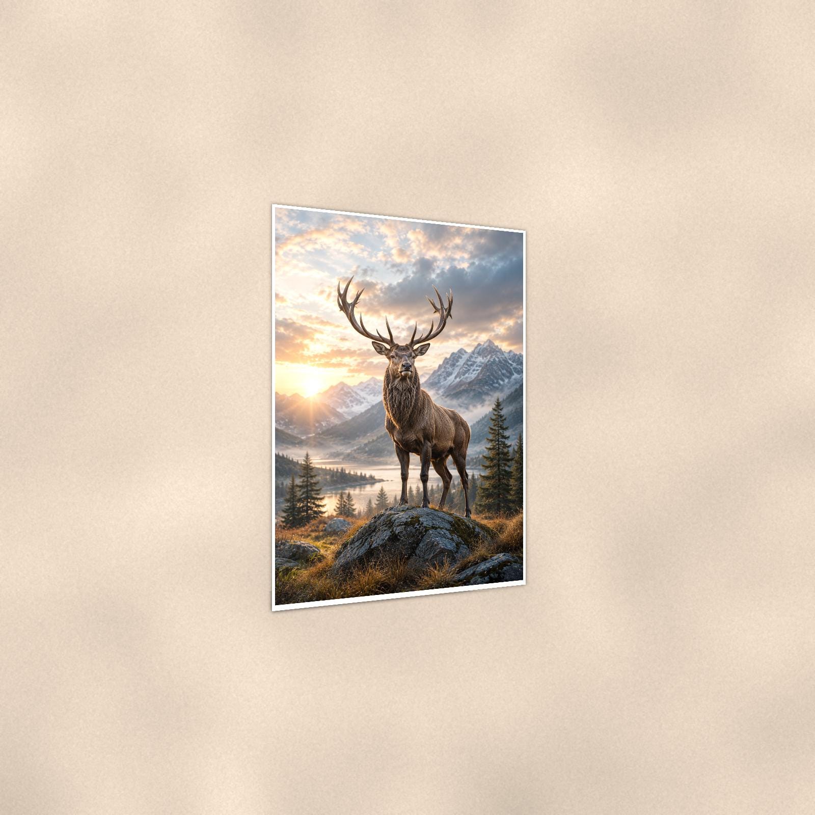 Elk Mountain Morning — 24x36 in art print poster, premium luster paper with a white border; gentle three-quarter angle on a warm wall, showing the flat paper edge.