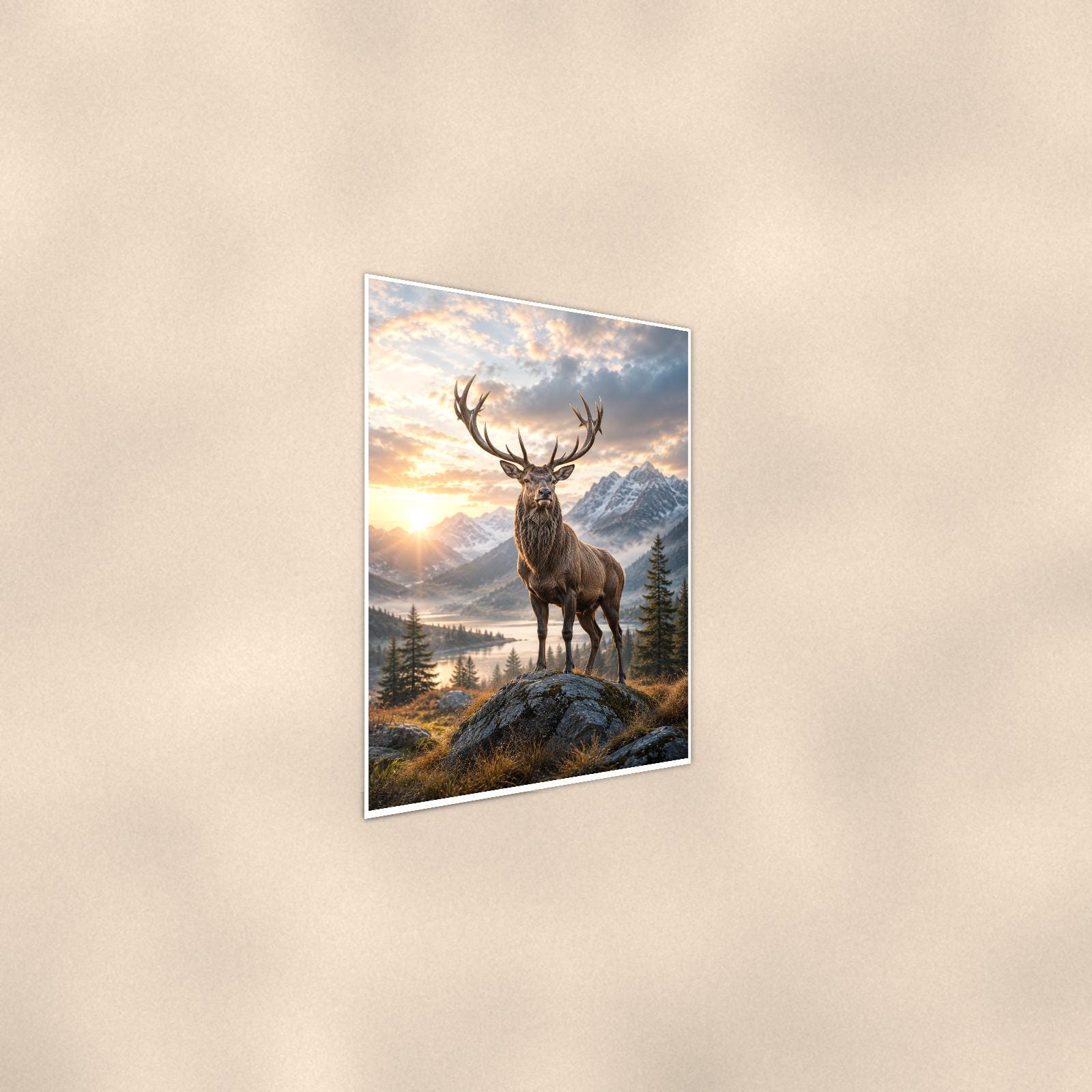 Elk Mountain Morning — 24x36 in art print poster, premium luster paper with a white border; steeper three-quarter angle on a warm wall, catching the luster sheen.