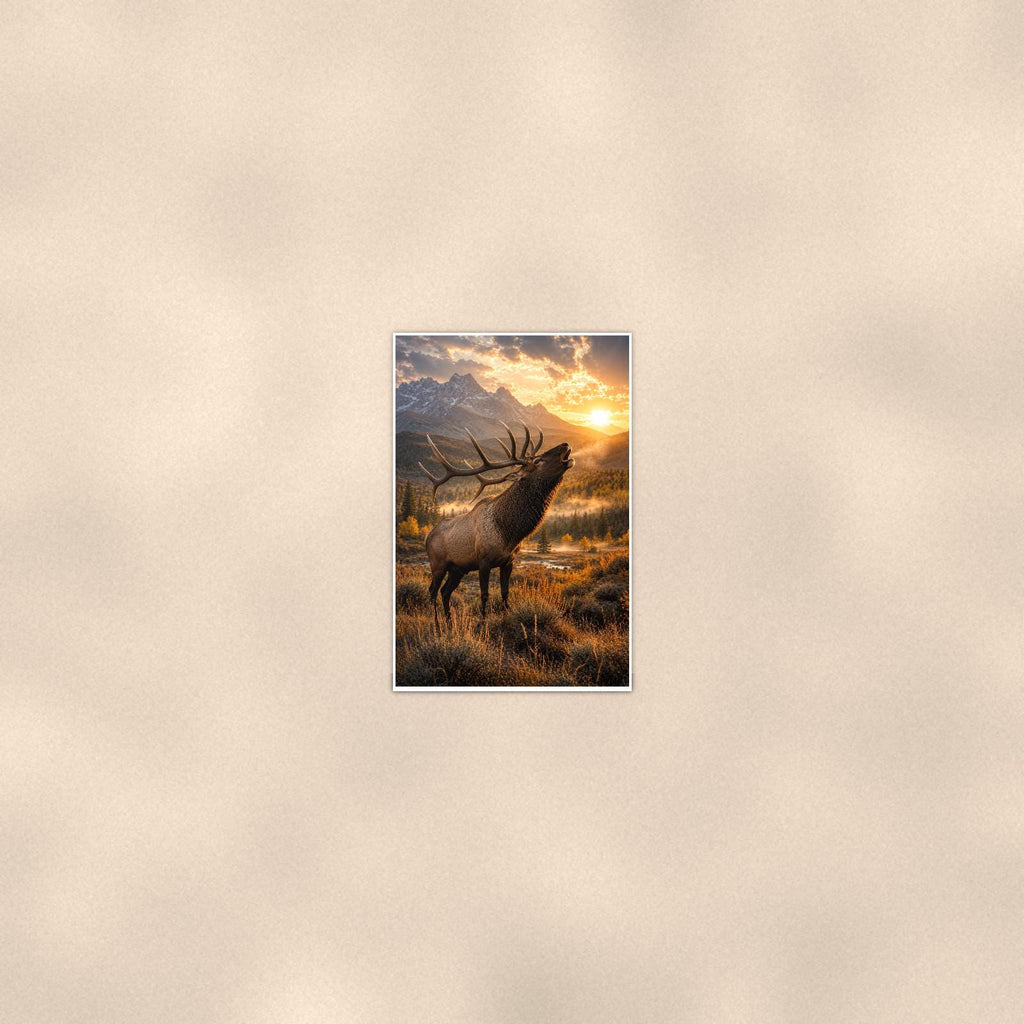 Bugling Elk Sunset — 24x36 in art print poster, premium luster paper with a white border; poster seen from further back, at true 24x36 in scale on a warm wall.