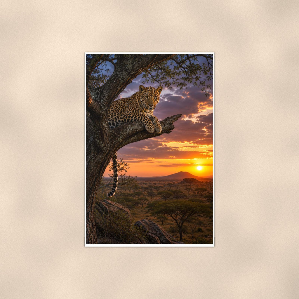 Leopard Tree Sunset — 24x36 in art print poster, premium luster paper with a white border; poster shown straight on against a warm wall.