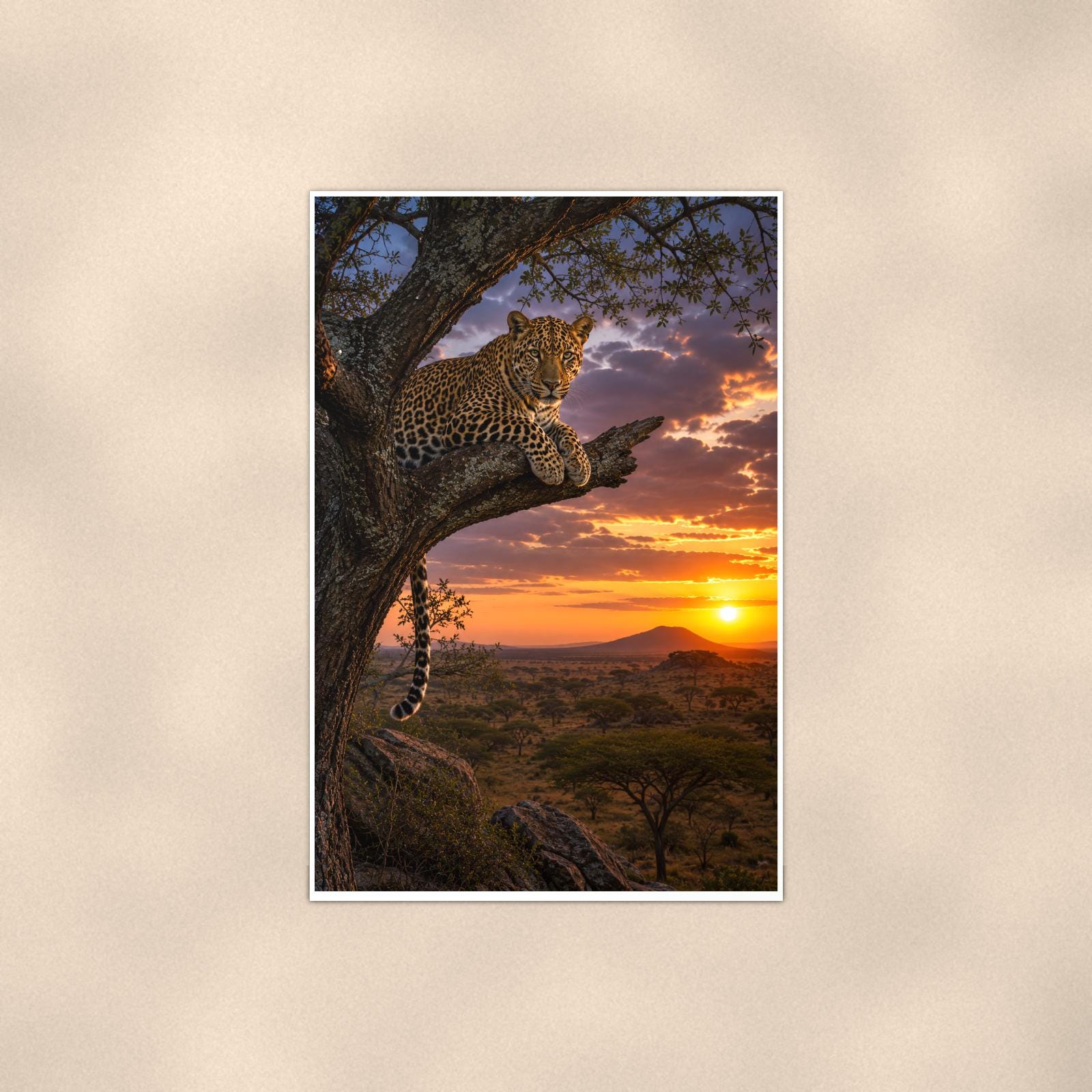 Leopard Tree Sunset — 24x36 in art print poster, premium luster paper with a white border; poster shown straight on against a warm wall.