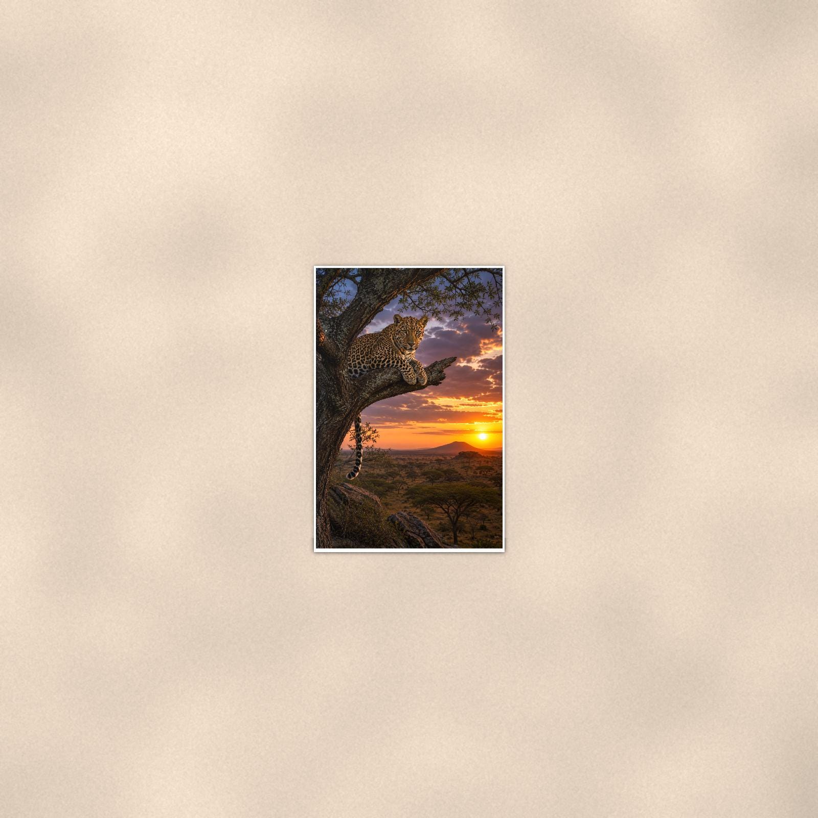 Leopard Tree Sunset — 24x36 in art print poster, premium luster paper with a white border; poster seen from further back, at true 24x36 in scale on a warm wall.