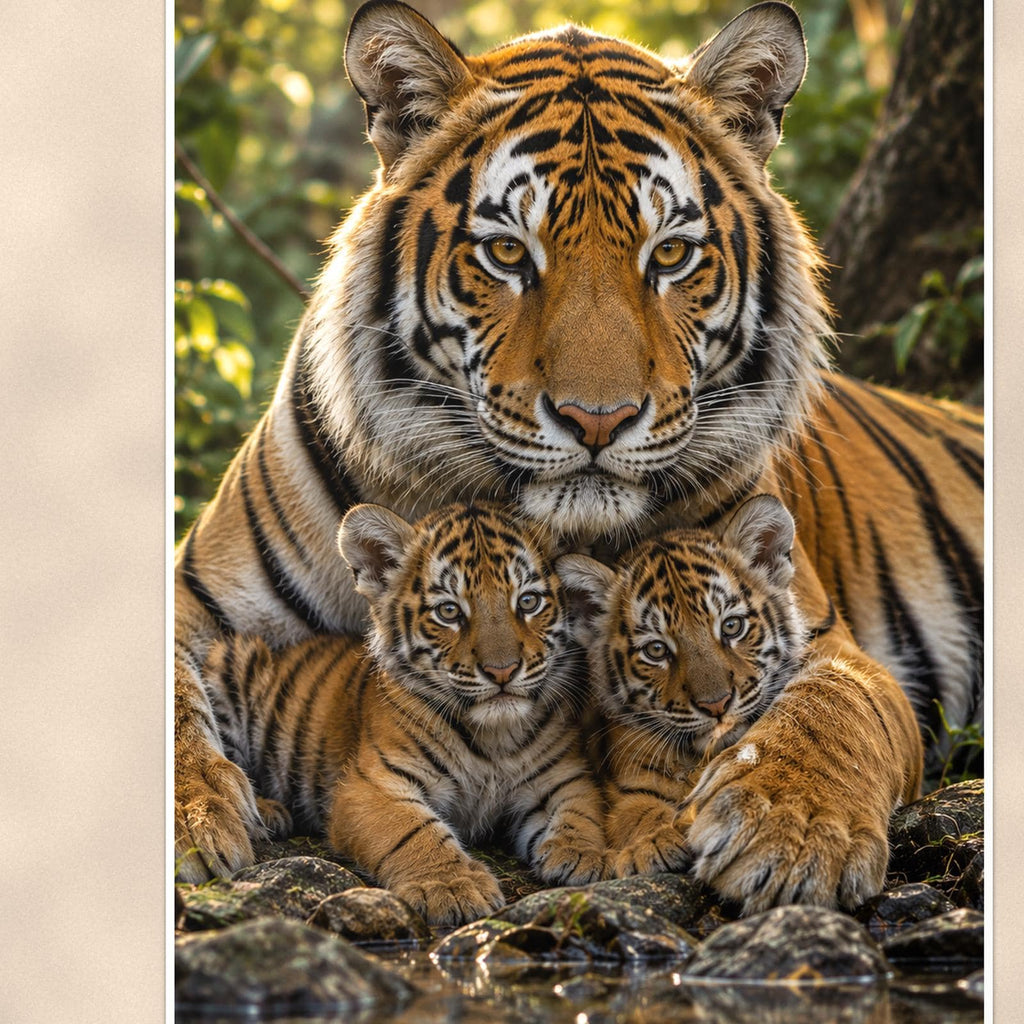 Tiger Mother And Cubs — 24x36 in art print poster, premium luster paper with a white border; close-up framed on the main subject of the artwork, paper surface visible.