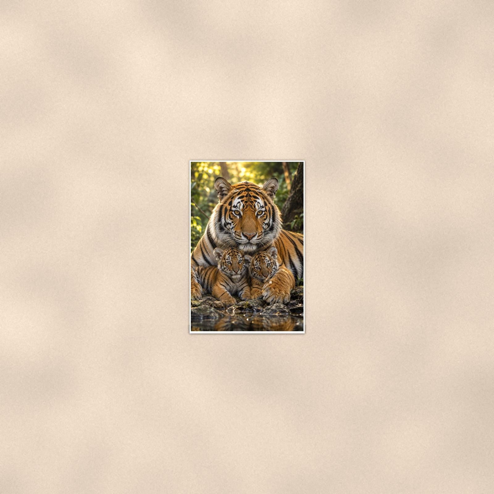 Tiger Mother And Cubs — 24x36 in art print poster, premium luster paper with a white border; poster seen from further back, at true 24x36 in scale on a warm wall.