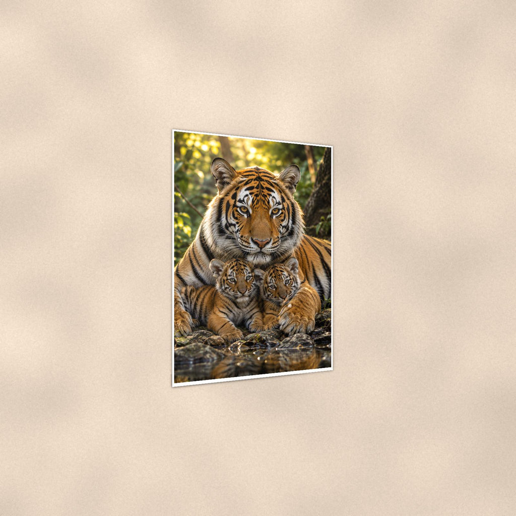 Tiger Mother And Cubs — 24x36 in art print poster, premium luster paper with a white border; gentle three-quarter angle on a warm wall, showing the flat paper edge.