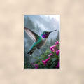 Rainy Day Hummingbird — 24x36 in art print poster, premium luster paper with a white border; poster shown straight on against a warm wall.