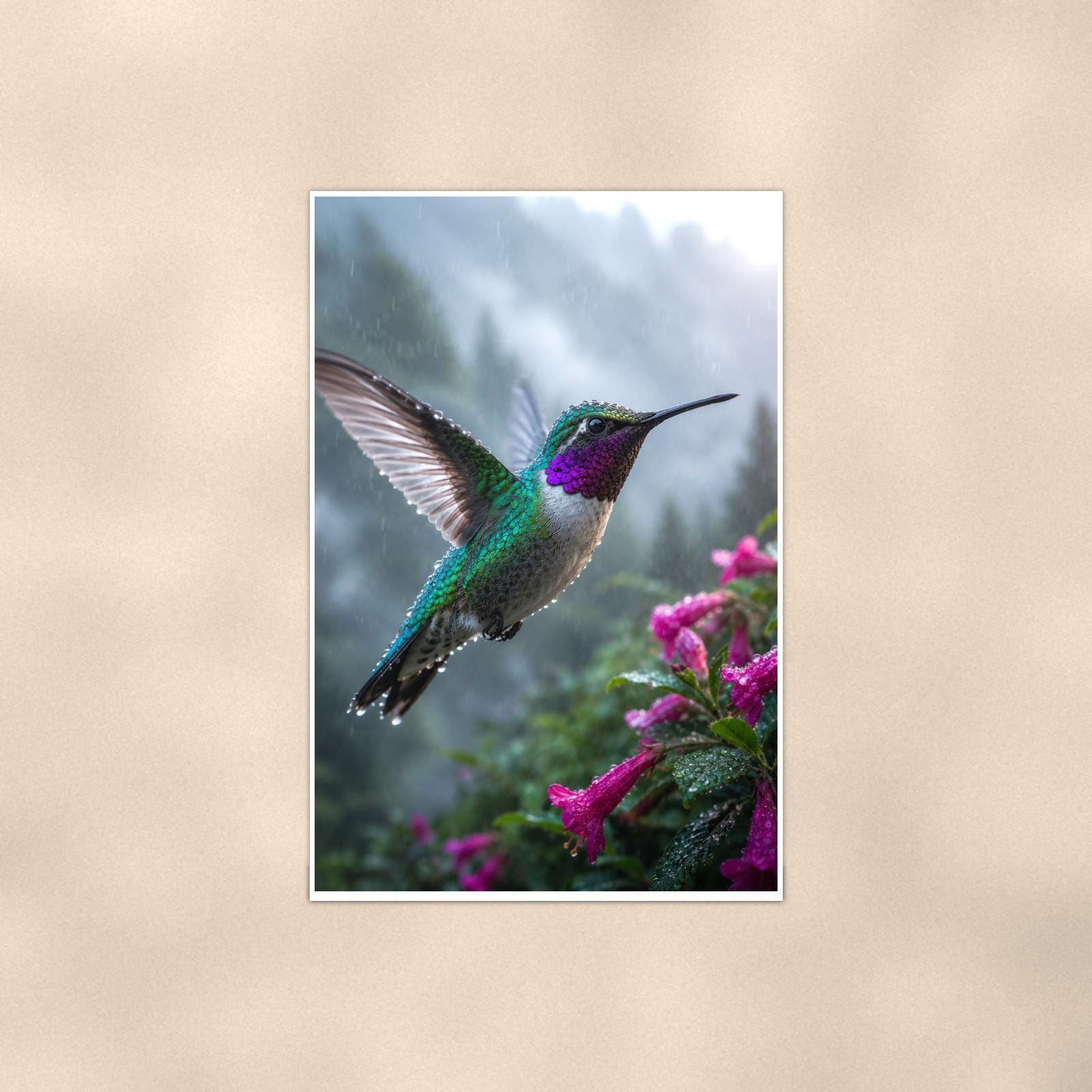 Rainy Day Hummingbird — 24x36 in art print poster, premium luster paper with a white border; poster shown straight on against a warm wall.