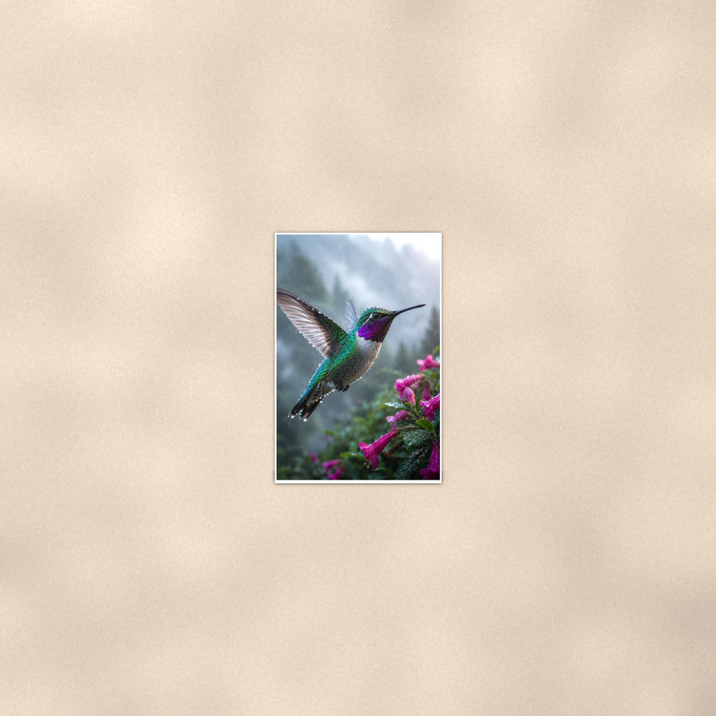 Rainy Day Hummingbird — 24x36 in art print poster, premium luster paper with a white border; poster seen from further back, at true 24x36 in scale on a warm wall.