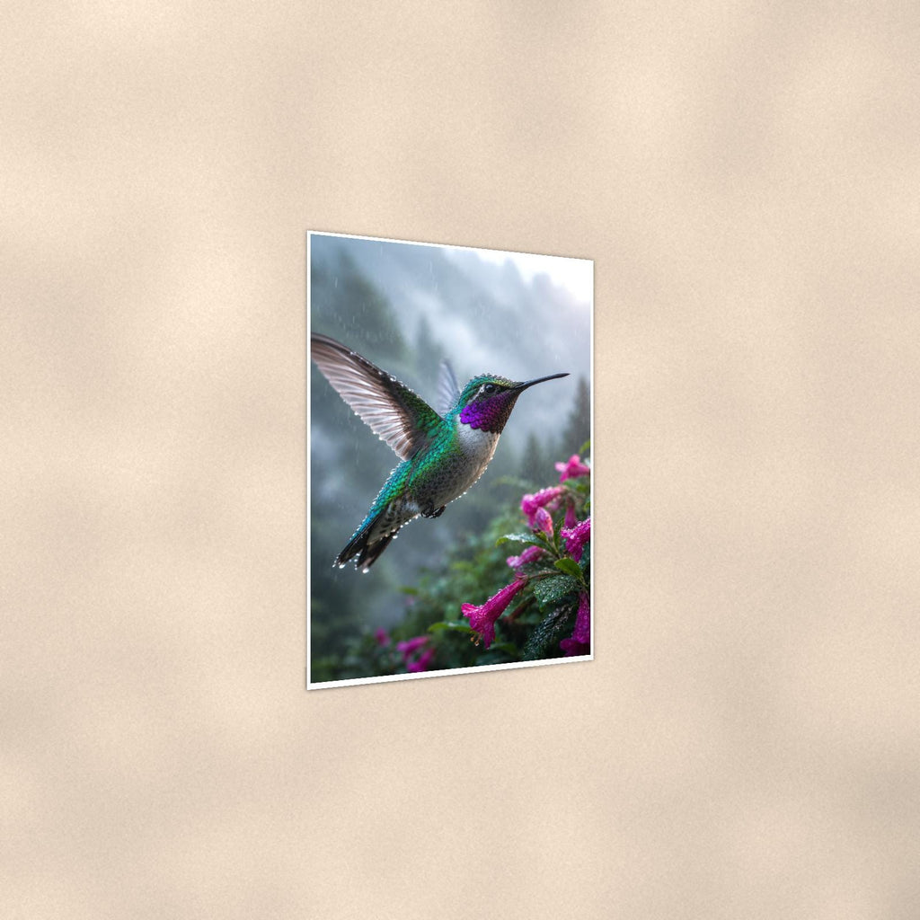 Rainy Day Hummingbird — 24x36 in art print poster, premium luster paper with a white border; gentle three-quarter angle on a warm wall, showing the flat paper edge.