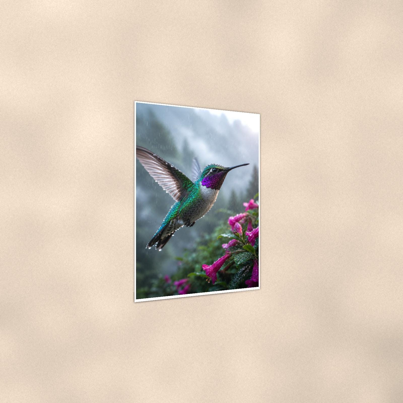 Rainy Day Hummingbird — 24x36 in art print poster, premium luster paper with a white border; gentle three-quarter angle on a warm wall, showing the flat paper edge.