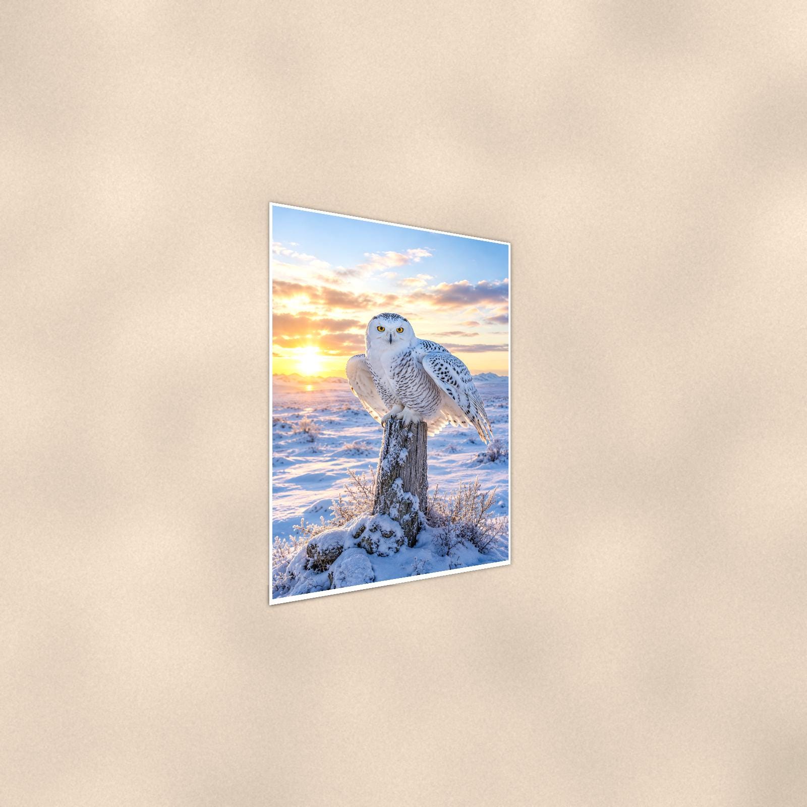 Snowy Owl Sunset — 24x36 in art print poster, premium luster paper with a white border; steeper three-quarter angle on a warm wall, catching the luster sheen.