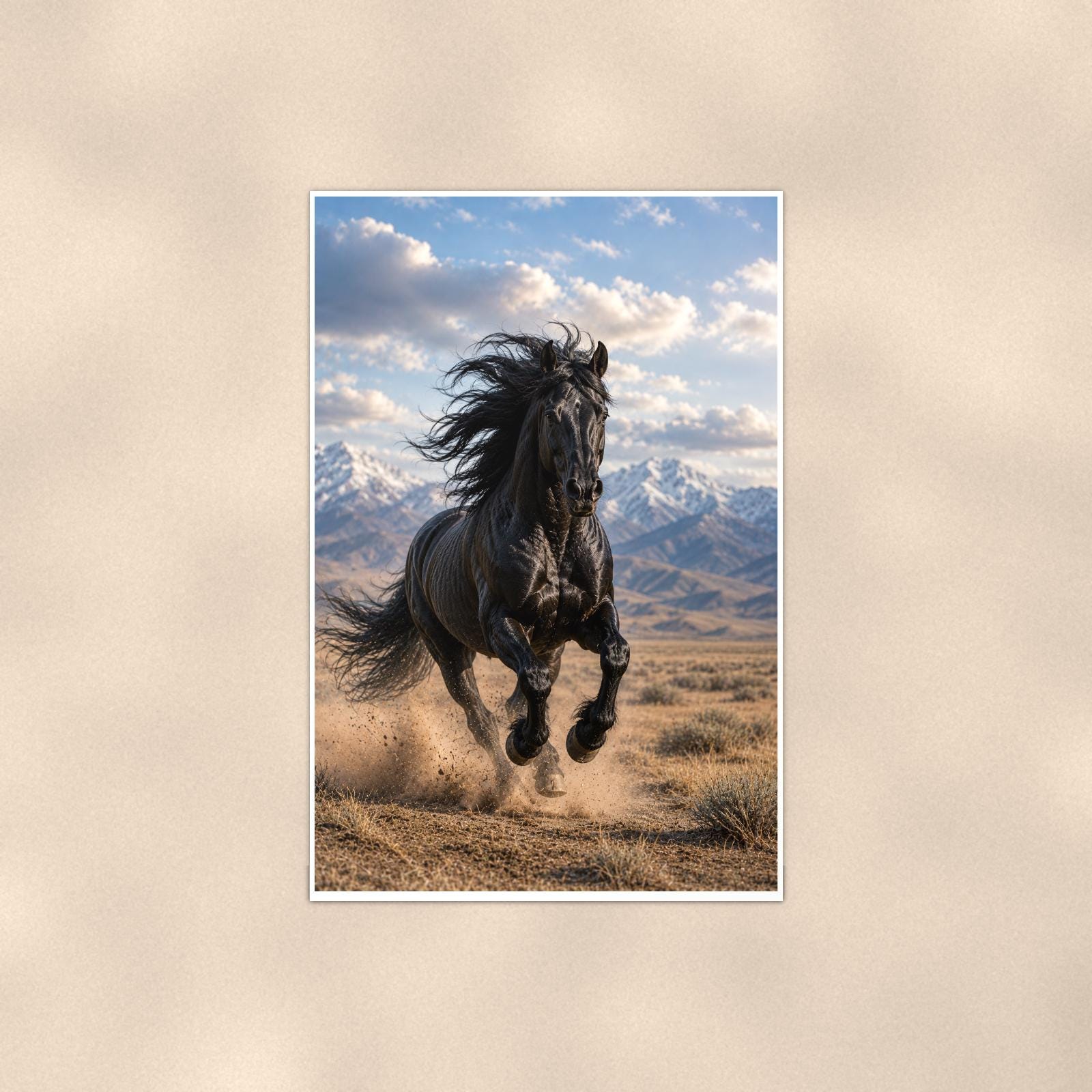 Black Stallion Run — 24x36 in art print poster, premium luster paper with a white border; poster shown straight on against a warm wall.